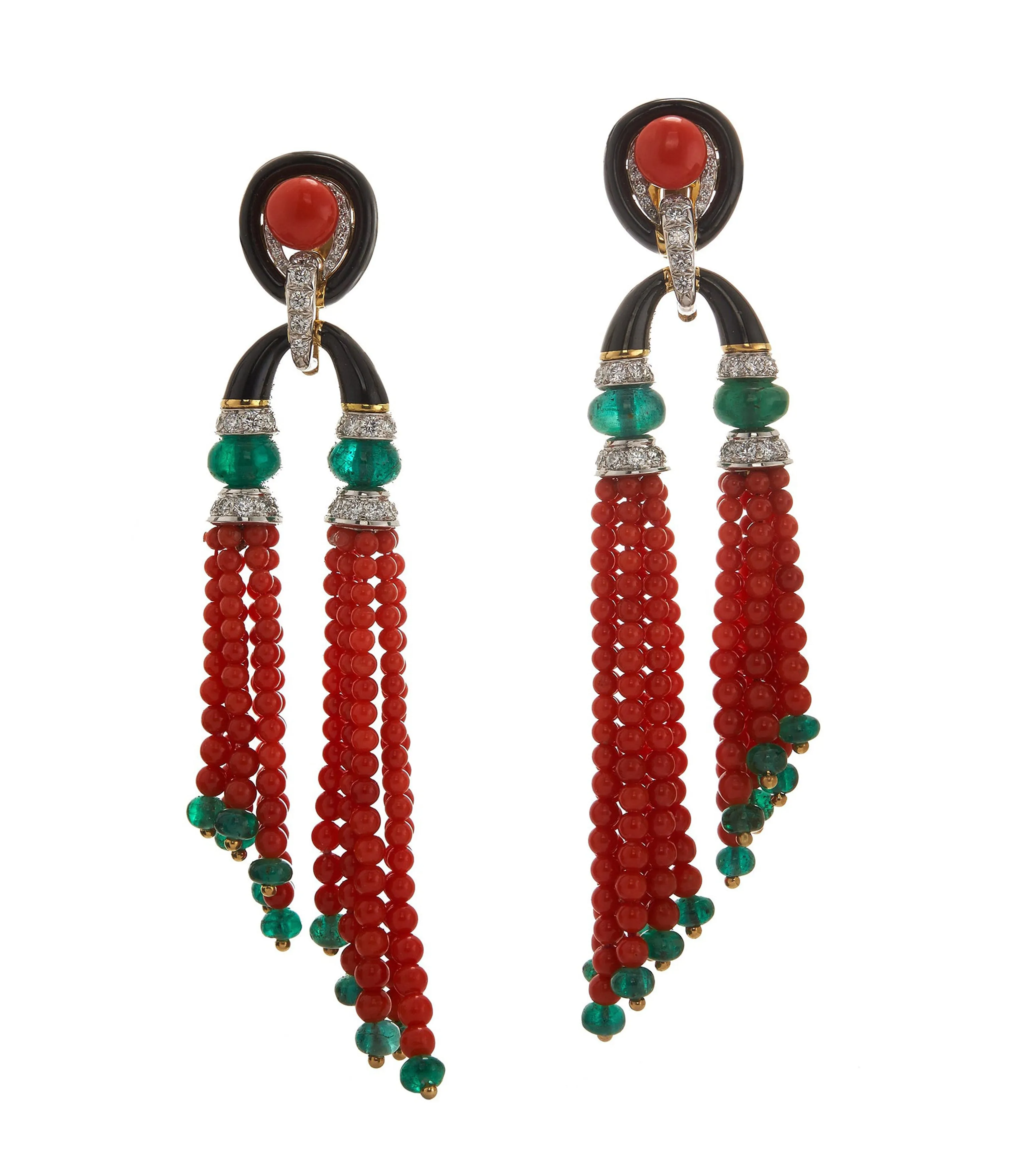 Pagoda Tassel Earrings with Diamonds, Emerald and Coral Beads