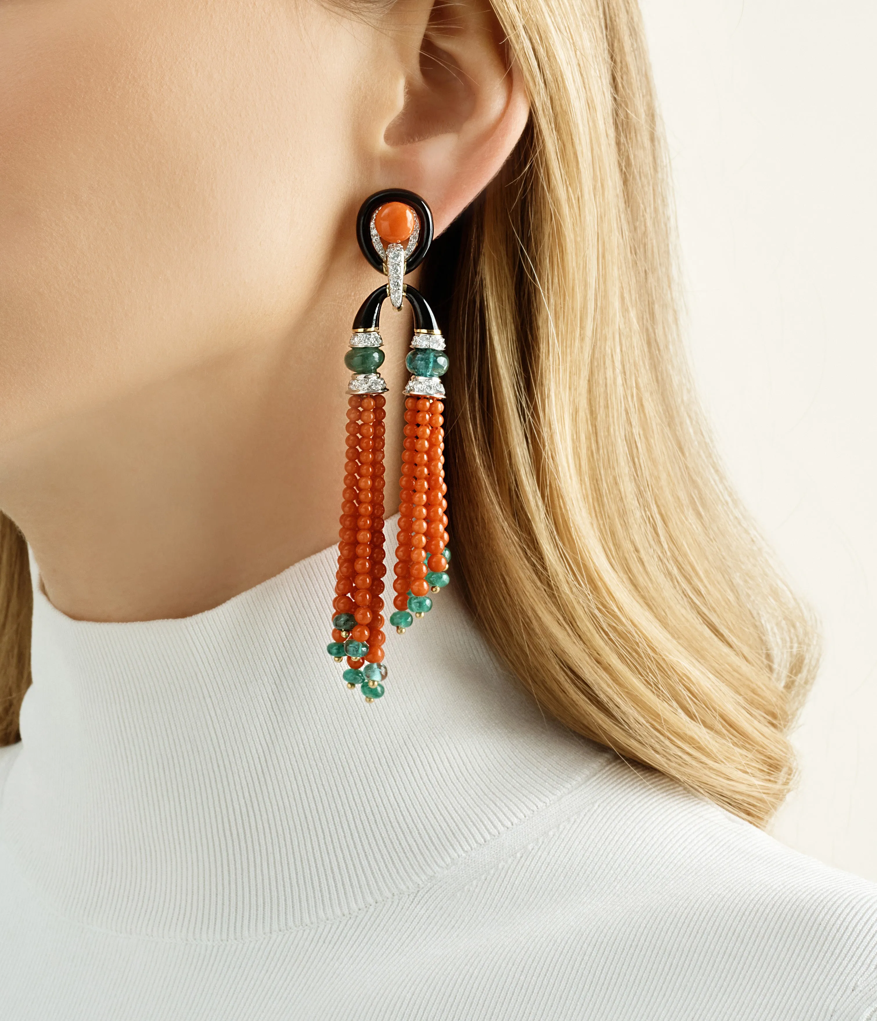 Pagoda Tassel Earrings with Diamonds, Emerald and Coral Beads