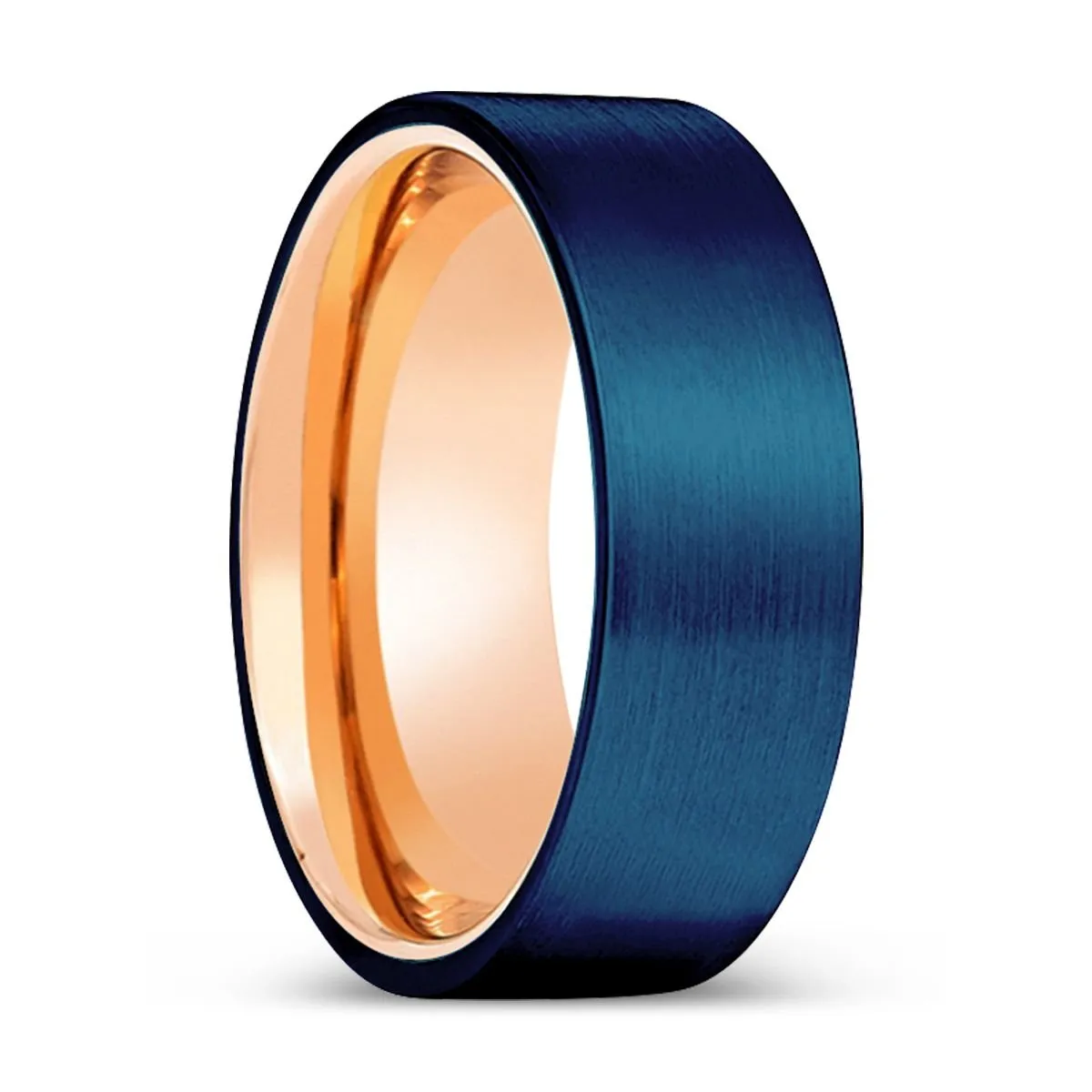 PARADISE | Rose Gold Ring, Blue Tungsten Ring, Brushed, Flat