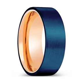 PARADISE | Rose Gold Ring, Blue Tungsten Ring, Brushed, Flat