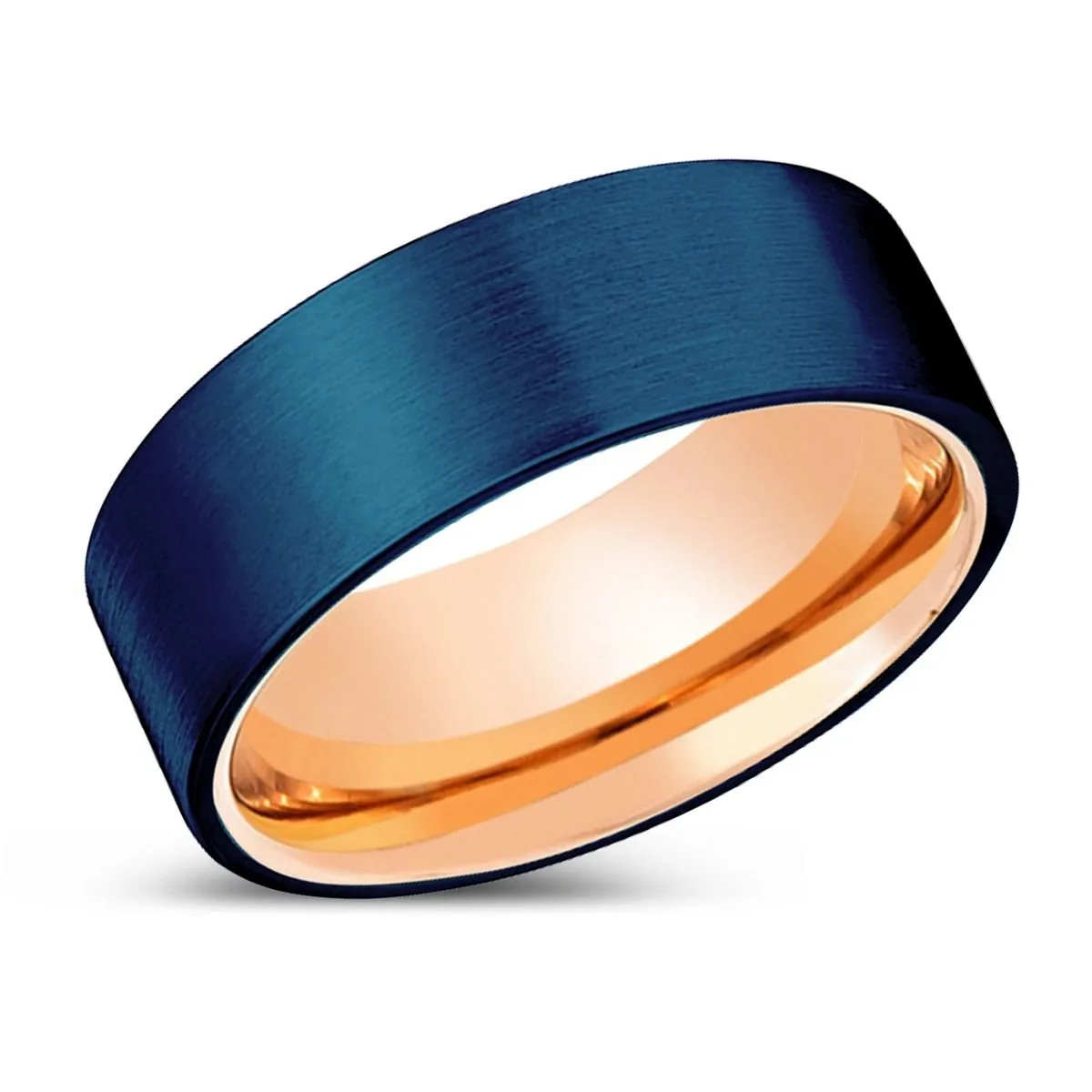 PARADISE | Rose Gold Ring, Blue Tungsten Ring, Brushed, Flat