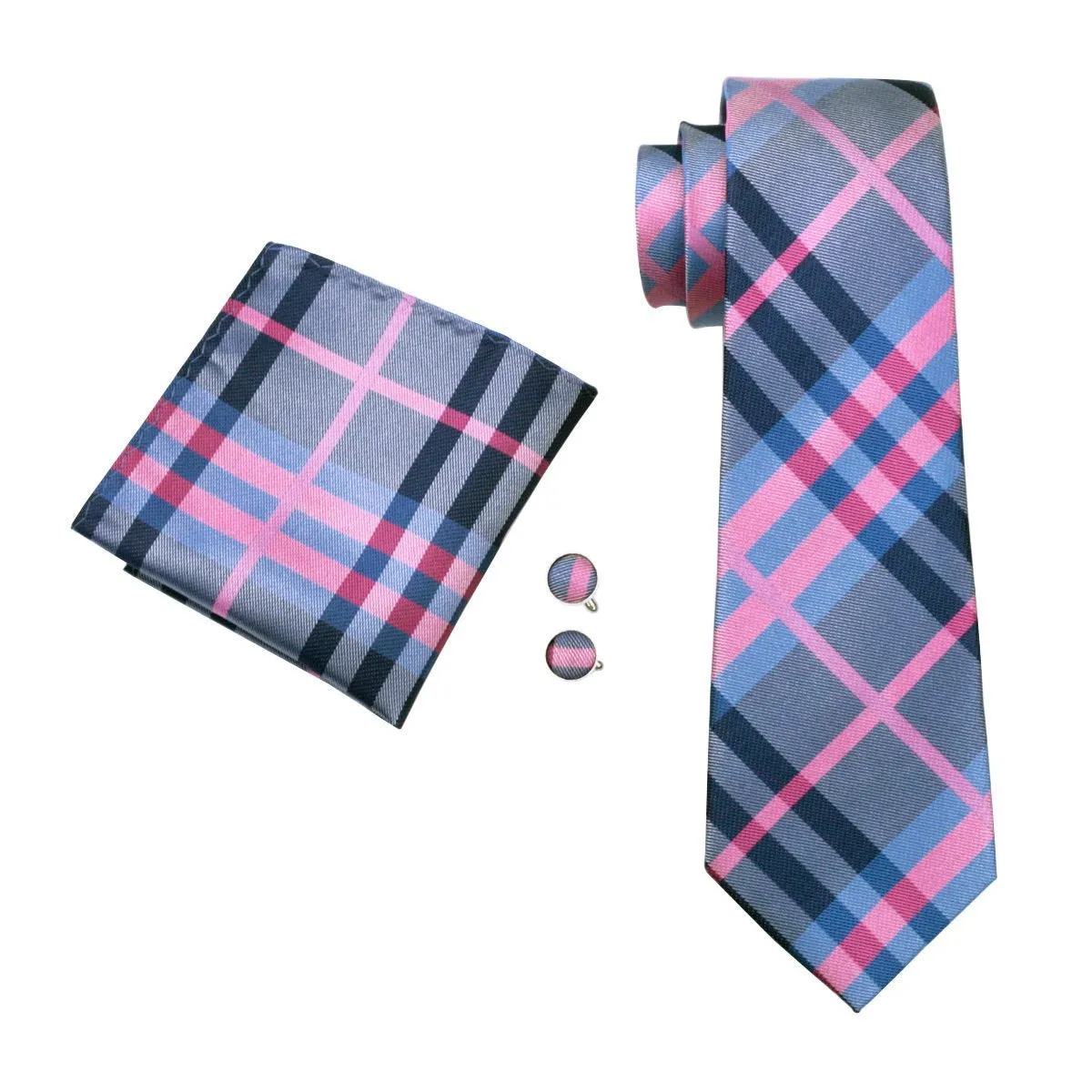 Pink Blue Grey Plaid Tie Pocket Square Cufflinks Set with Brooch