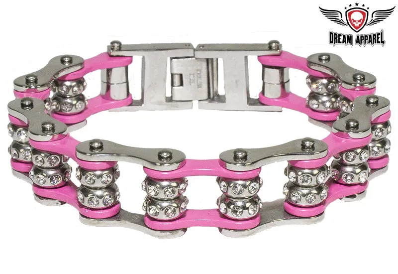 Pink Motorcycle Chain Bracelet with Gemstones