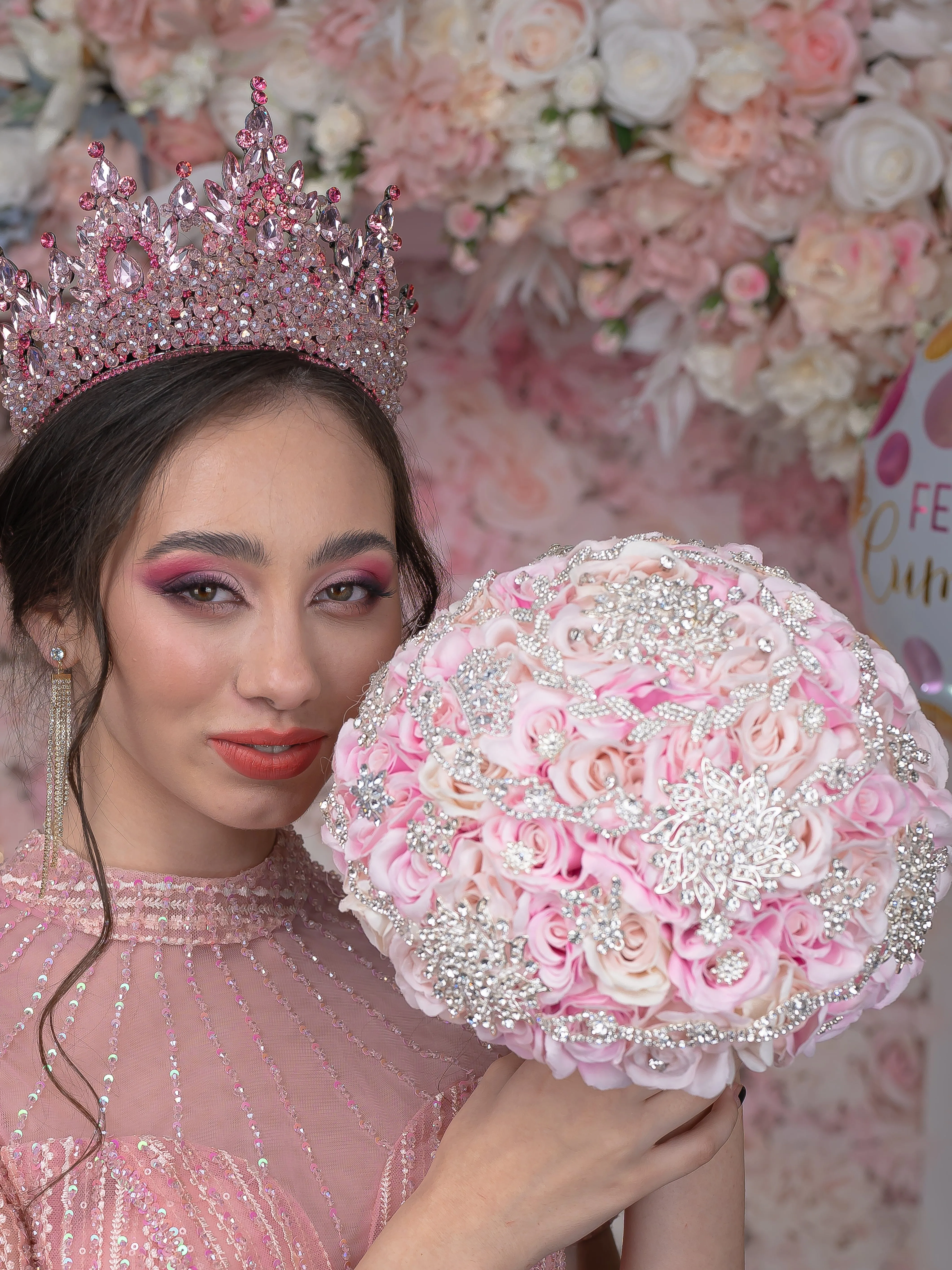 Pink quinceanera bouquet 9 inches