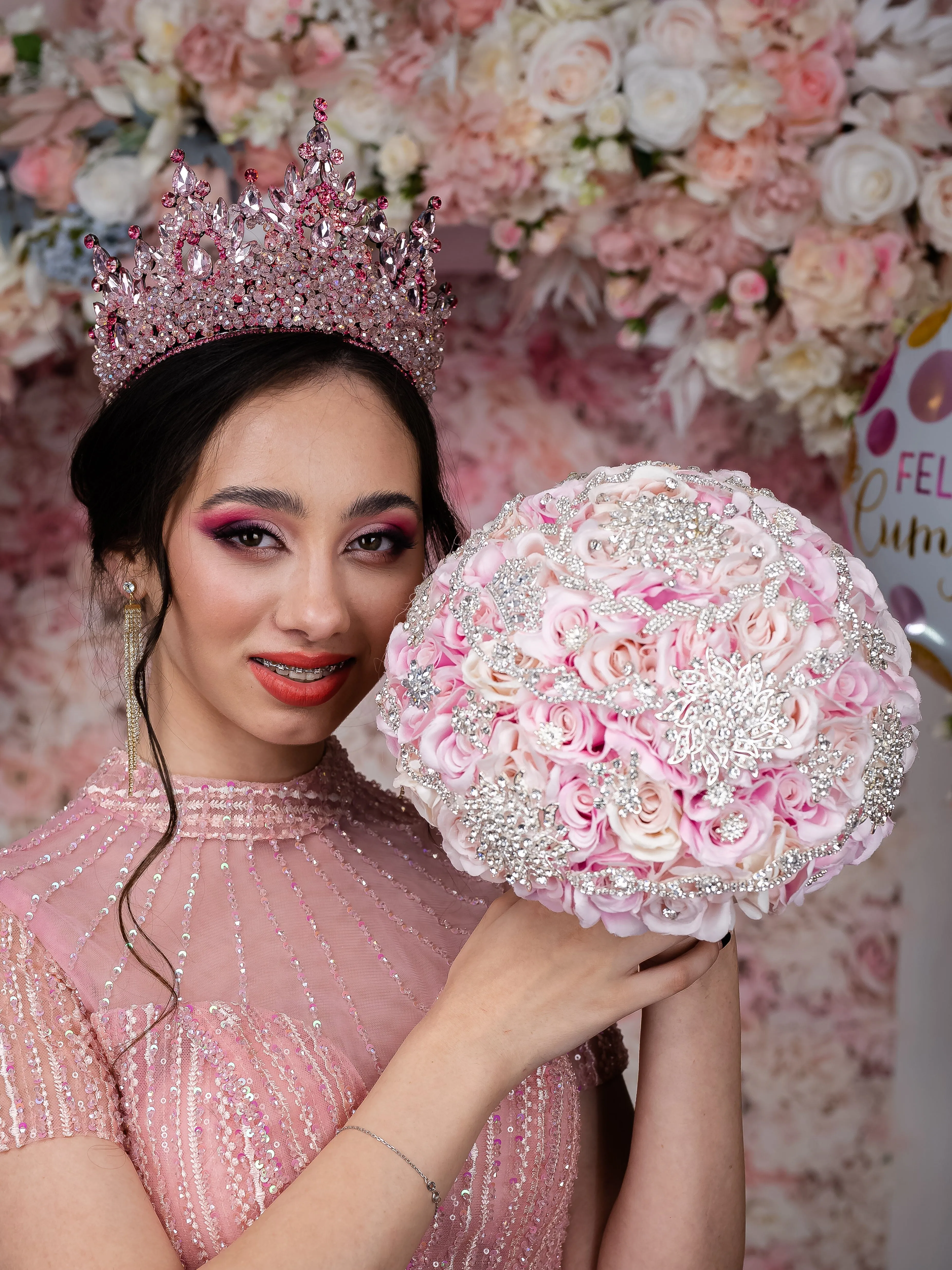 Pink quinceanera bouquet 9 inches