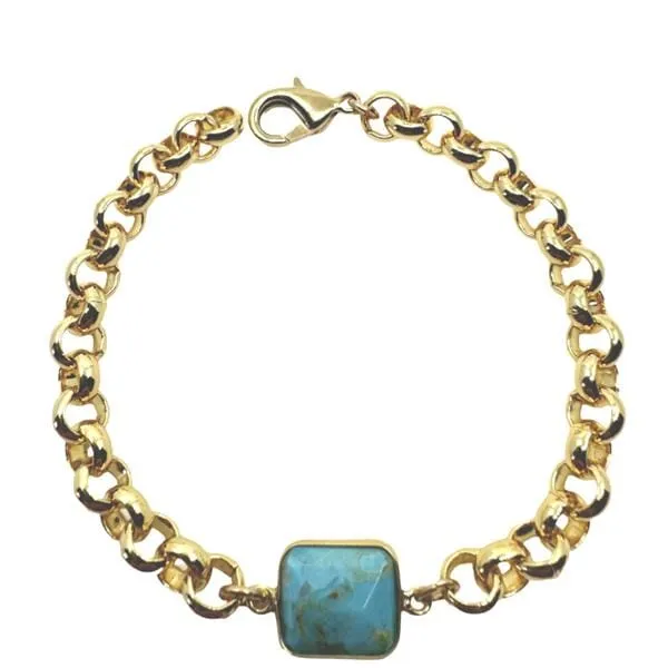 Plated Gold Chain & Rectangular Stone Bracelet: Turquoise (BCG7080TQ)