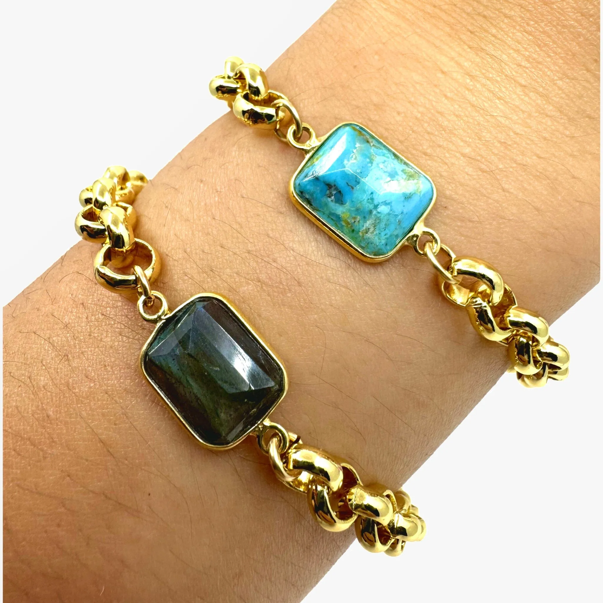 Plated Gold Chain & Rectangular Stone Bracelet: Turquoise (BCG7080TQ)