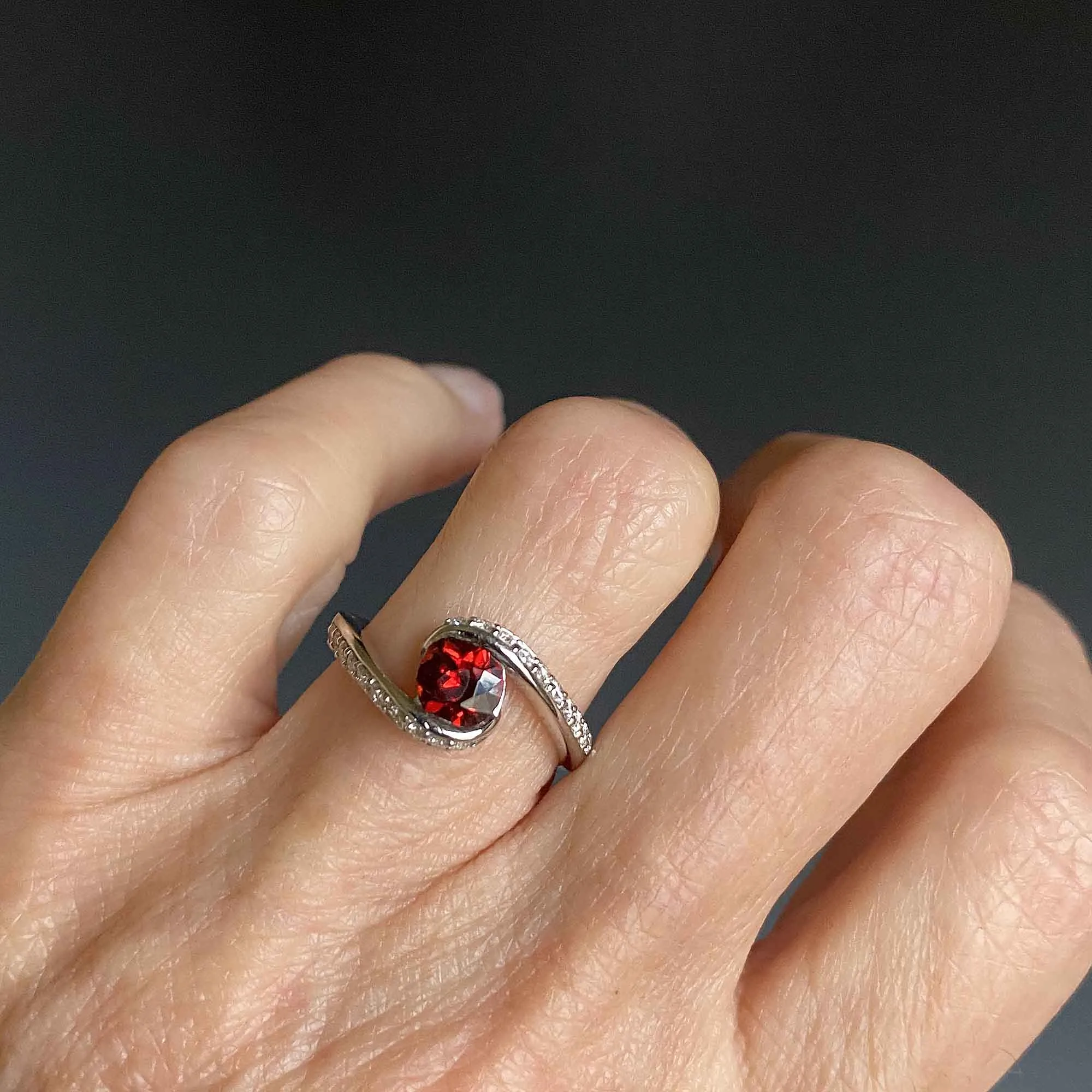 Platinum Diamond Bypass Garnet Ring