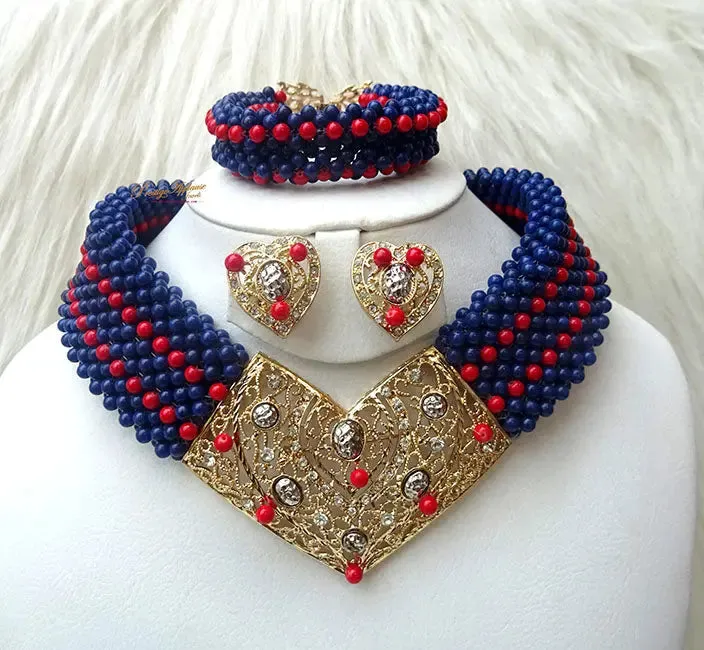 PrestigeApplause Blue infused with Red African Choker Coral Bead Necklace Jewellery Set