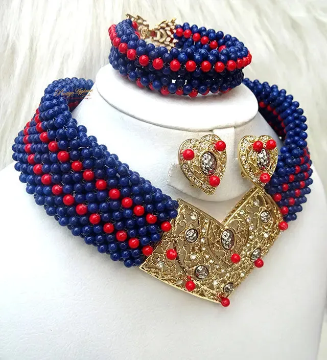 PrestigeApplause Blue infused with Red African Choker Coral Bead Necklace Jewellery Set