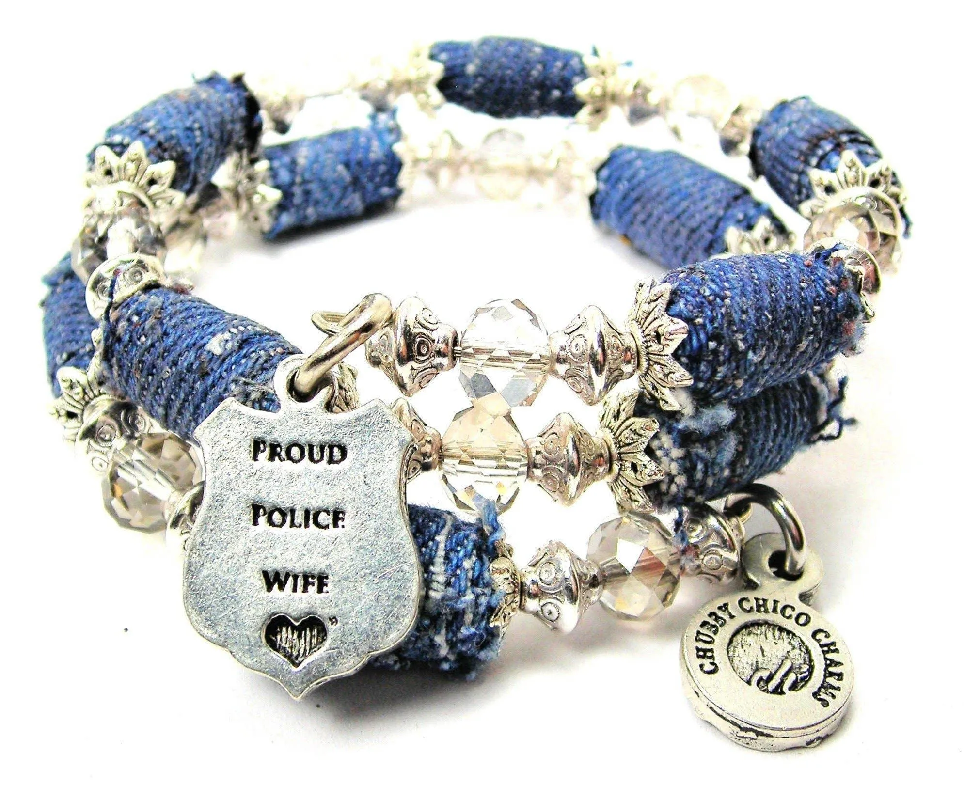 Proud Police Wife Blue Jean Beaded Wrap Bracelet Proud Wife