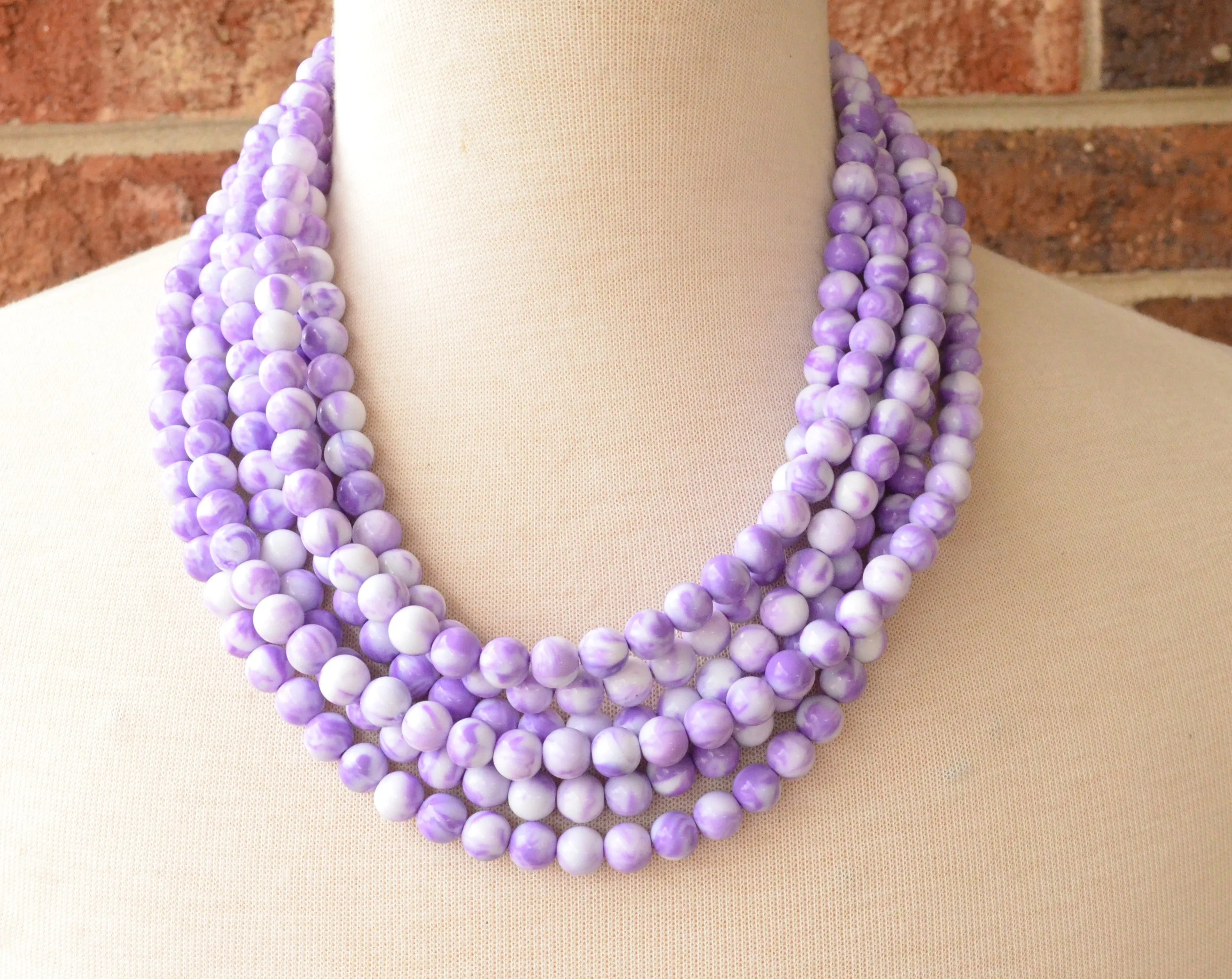 Purple White Acrylic Lucite Bead Chunky Multi Strand Statement Necklace - Alana