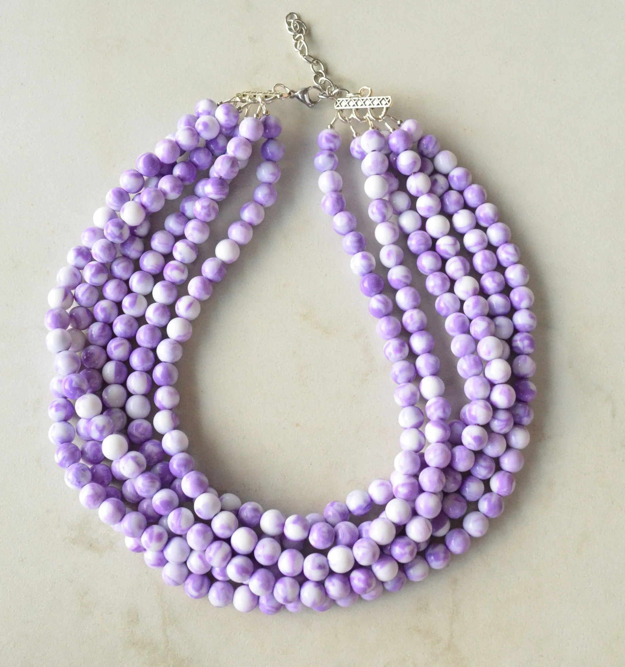 Purple White Acrylic Lucite Bead Chunky Multi Strand Statement Necklace - Alana