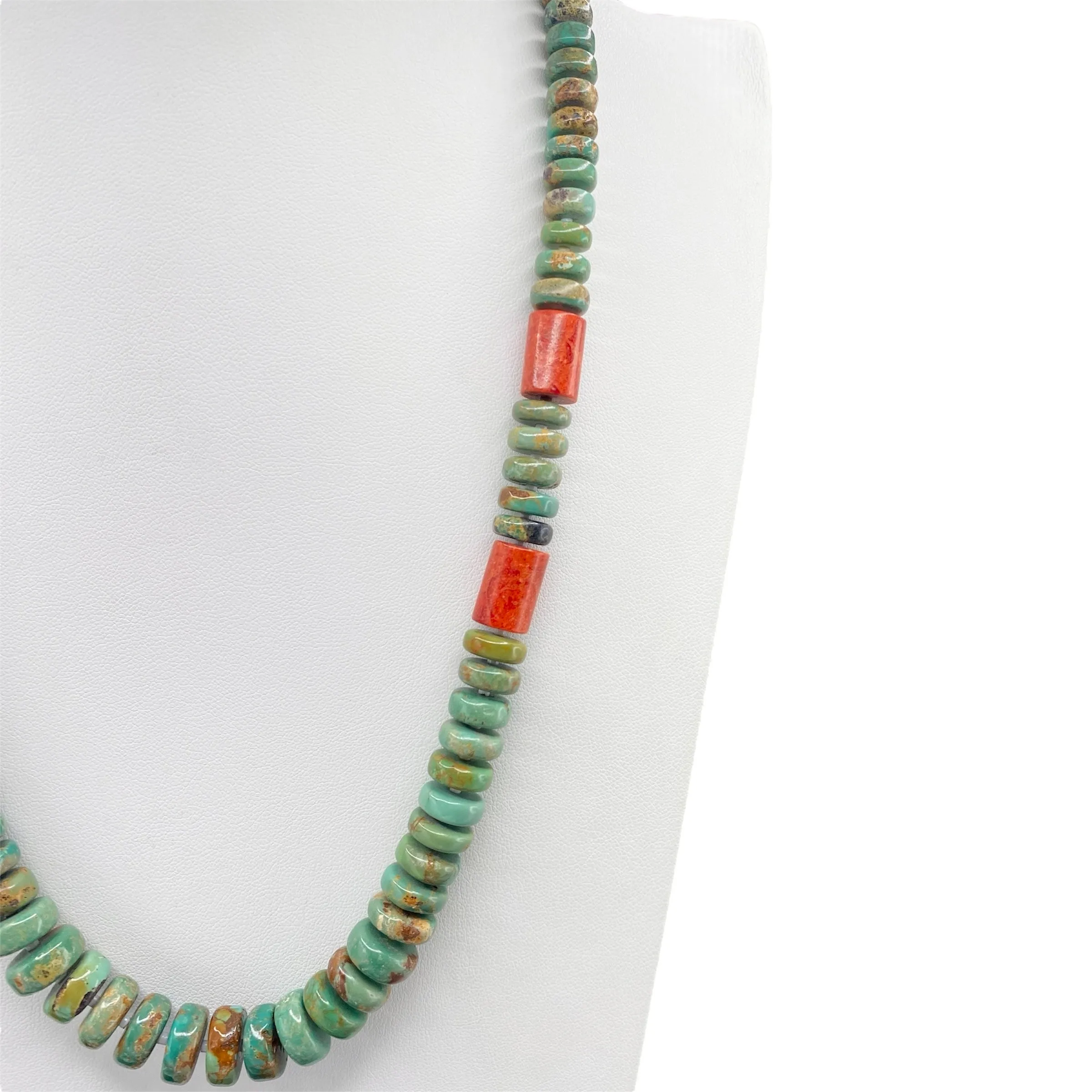 Rare Green Fox Turquoise and Apple Coral Necklace