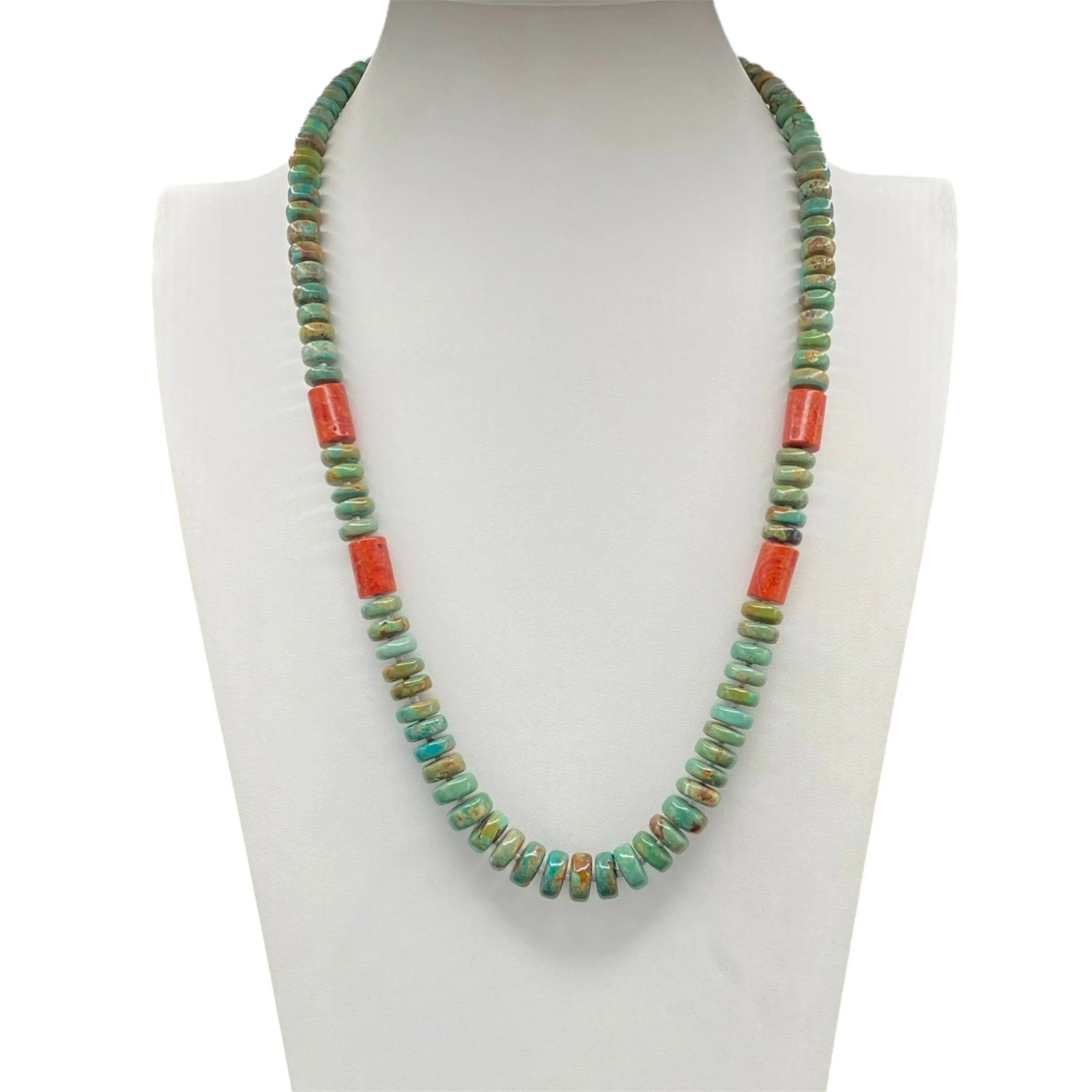 Rare Green Fox Turquoise and Apple Coral Necklace