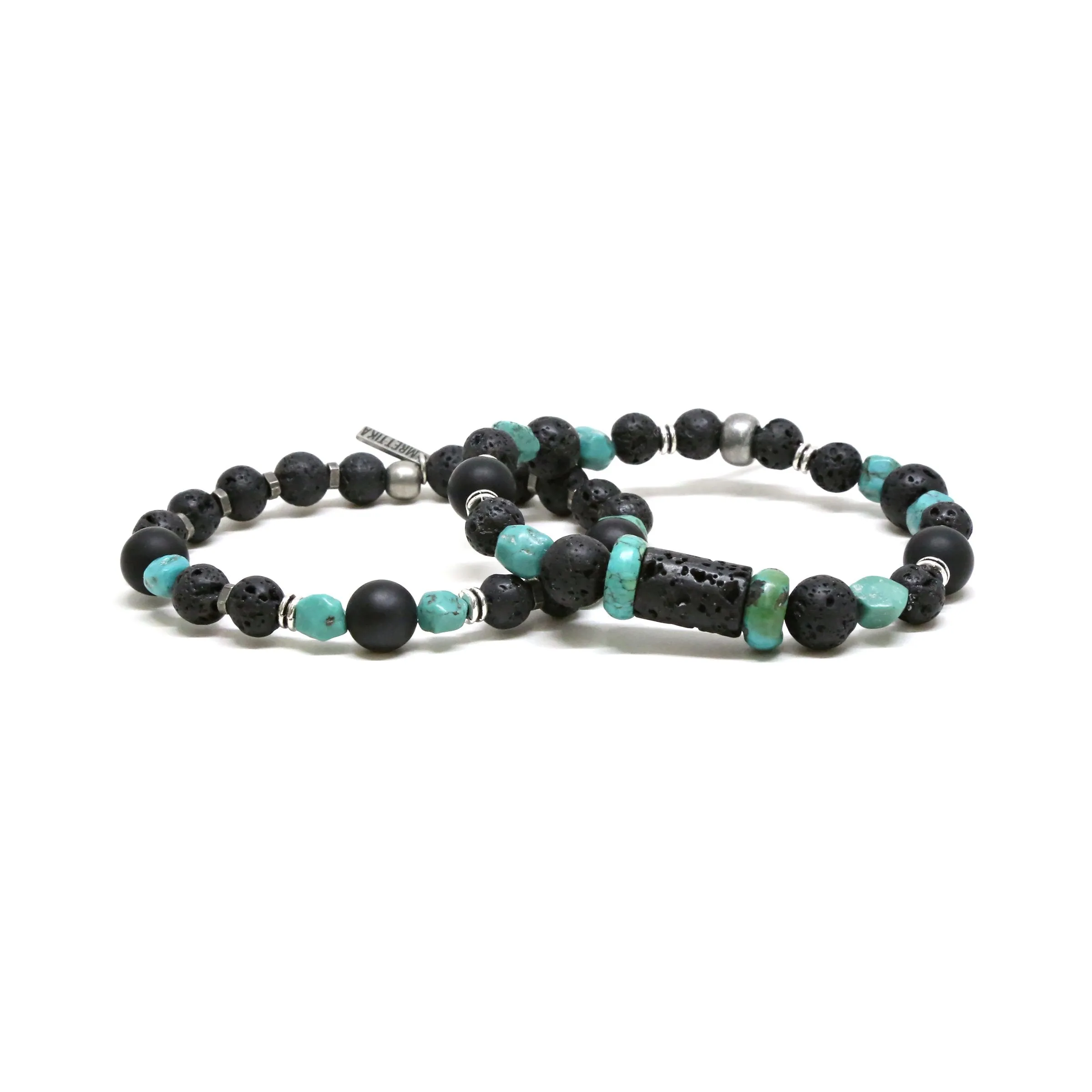 Raw Stone Lava Bead and Turquoise Elastic Beaded Bracelet Set