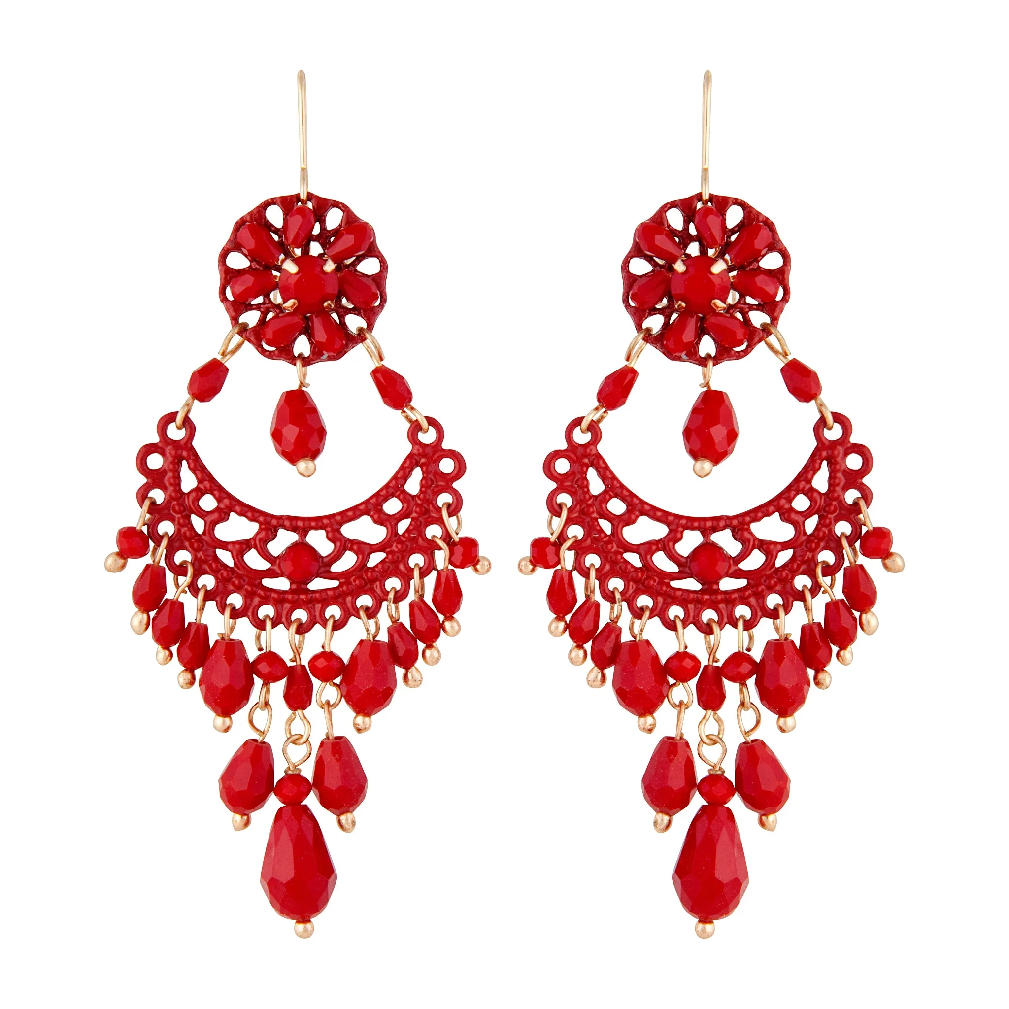 Red Beaded Chandelier Drop Earrings