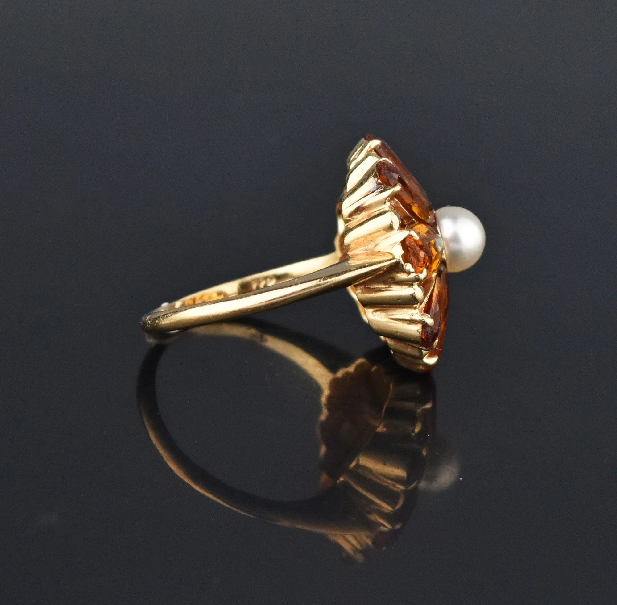 Retro Citrine Pearl 14K Gold Daisy Ring, Sz 7