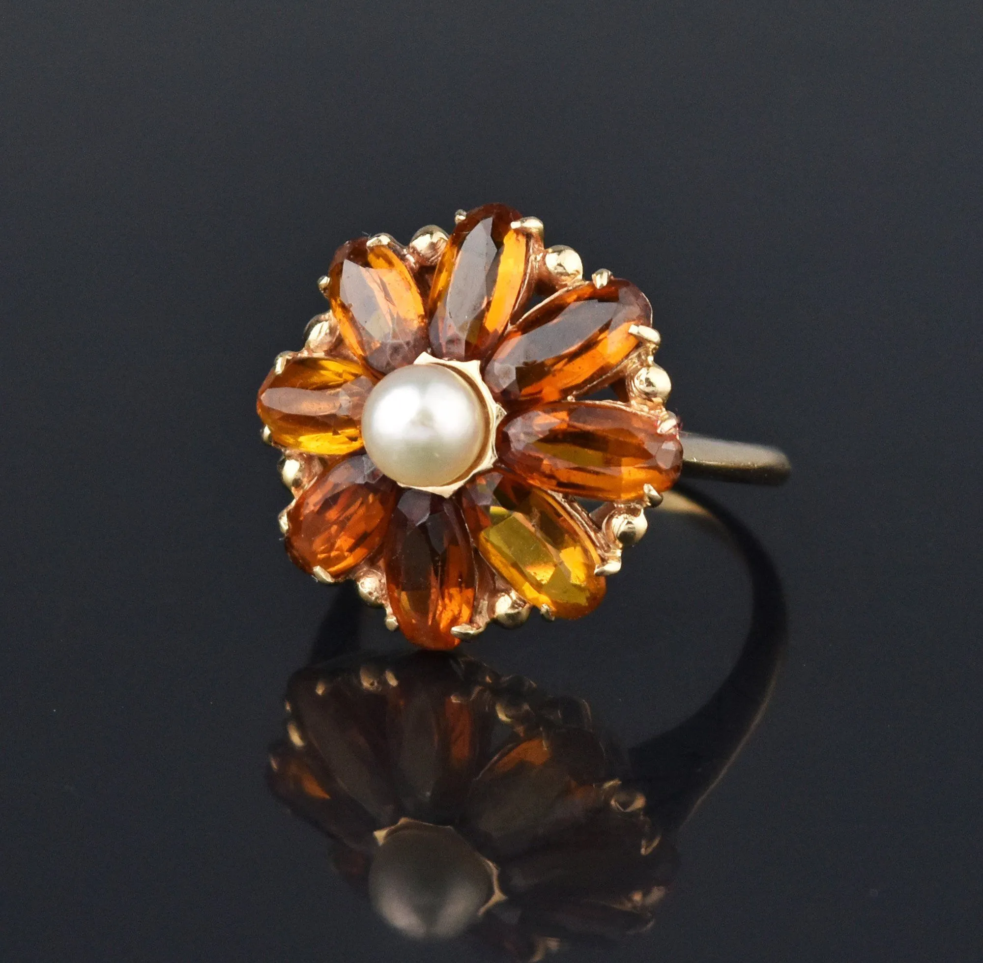 Retro Citrine Pearl 14K Gold Daisy Ring, Sz 7