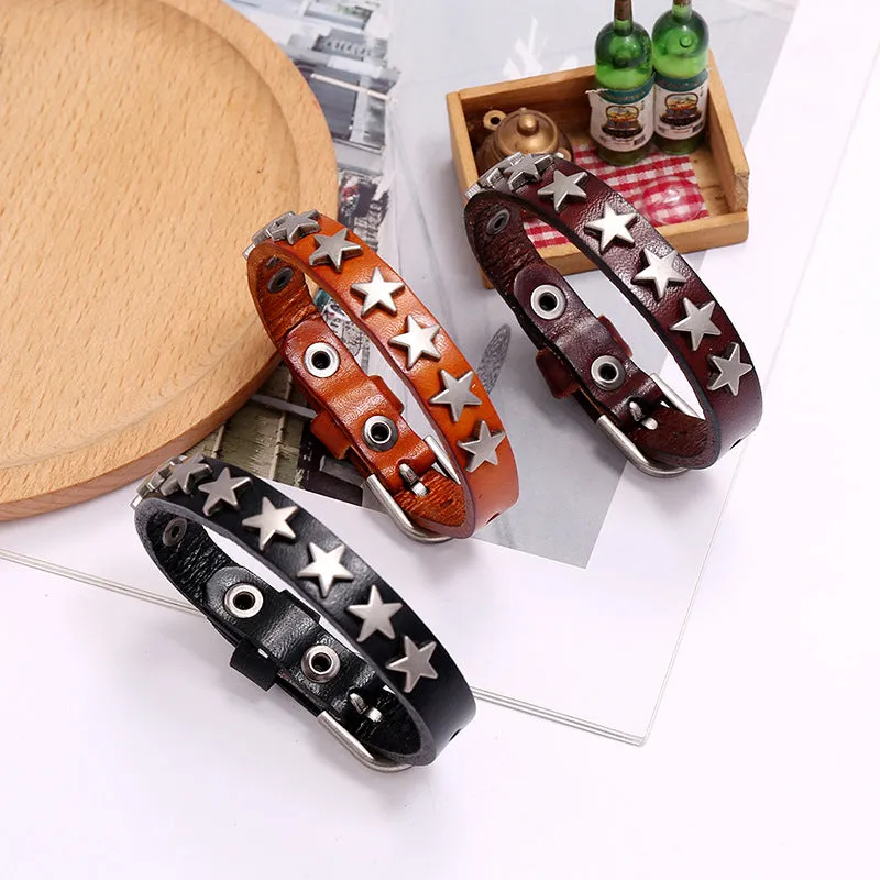 Retro Ornament New Five-Pointed Star Cattle Leather Bracelet Bracelet Bar Hip Hop Accessories