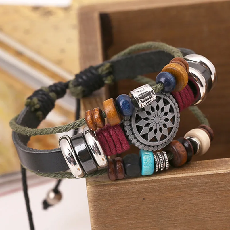 Retro Personality Cattle Leather Bracelet Fashionable Temperamental All-Match Beaded Leather Bracelet New Bracelet Factory Supply