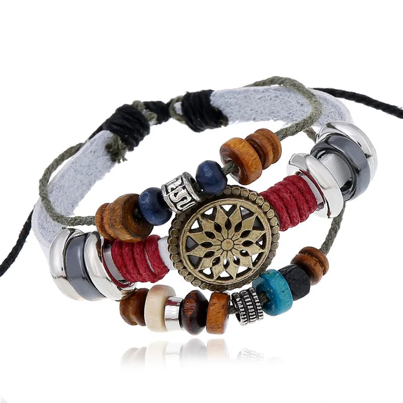 Retro Personality Cattle Leather Bracelet Fashionable Temperamental All-Match Beaded Leather Bracelet New Bracelet Factory Supply