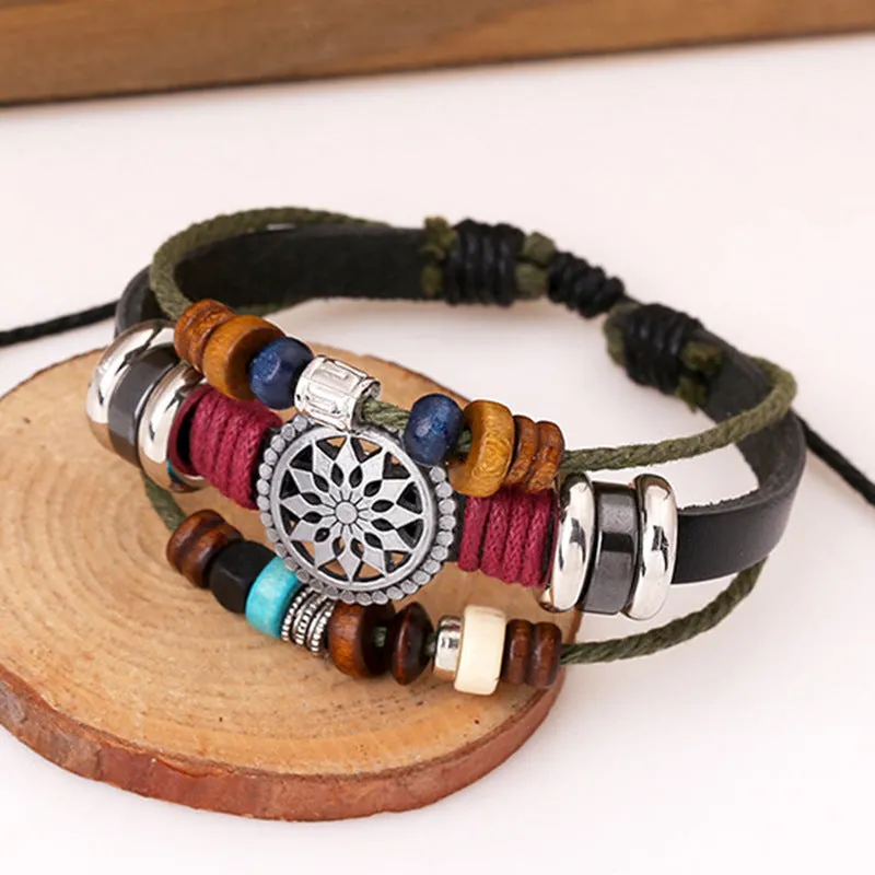 Retro Personality Cattle Leather Bracelet Fashionable Temperamental All-Match Beaded Leather Bracelet New Bracelet Factory Supply