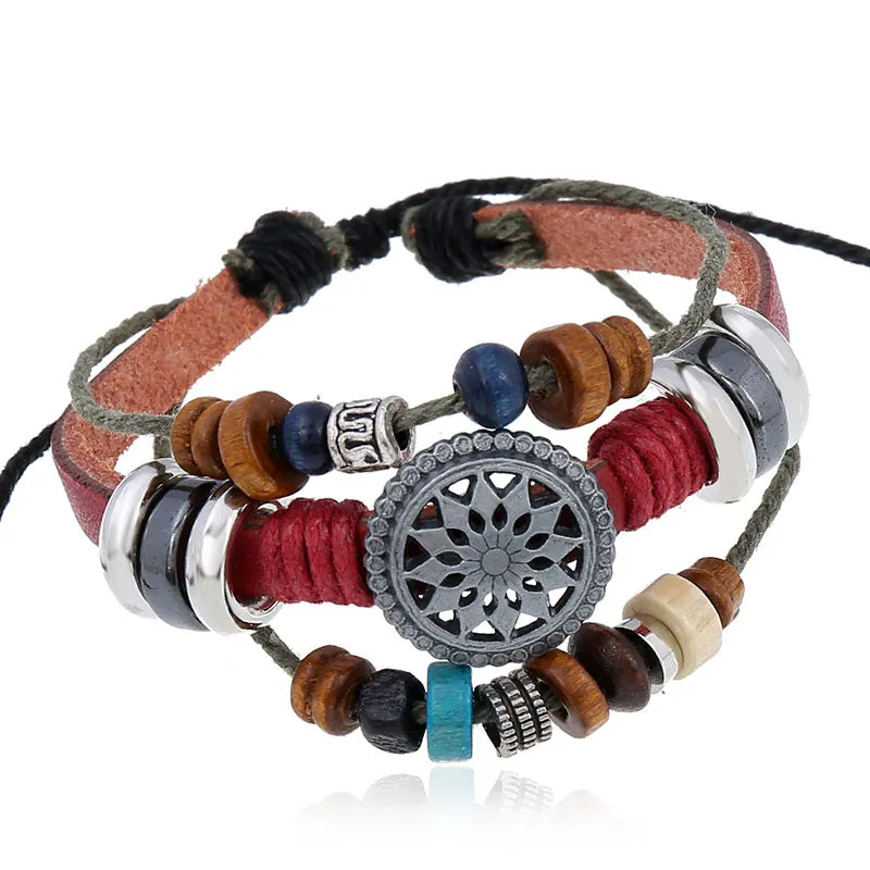 Retro Personality Cattle Leather Bracelet Fashionable Temperamental All-Match Beaded Leather Bracelet New Bracelet Factory Supply