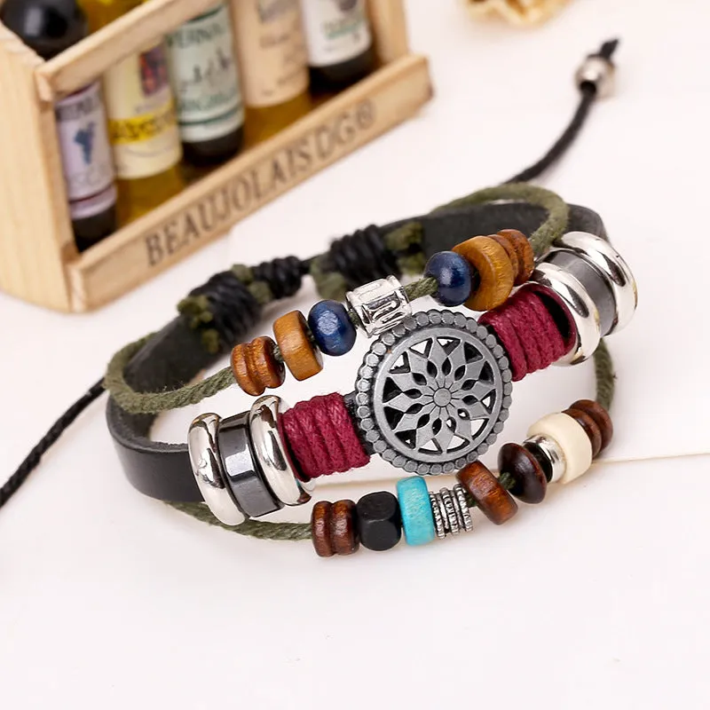 Retro Personality Cattle Leather Bracelet Fashionable Temperamental All-Match Beaded Leather Bracelet New Bracelet Factory Supply