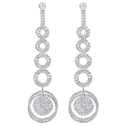 Rhinestone Statement Earrings, Long Dangle Circle Link Chandelier Earrings, Bridal Wedding Prom