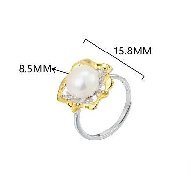 Ring Blank Pearl Setting 8.5mm 925 Solid Sterling Silver Gold Bezel Flower Cup Adjustable For One Bead DIY Jewelry Finding Wholesale 1pc