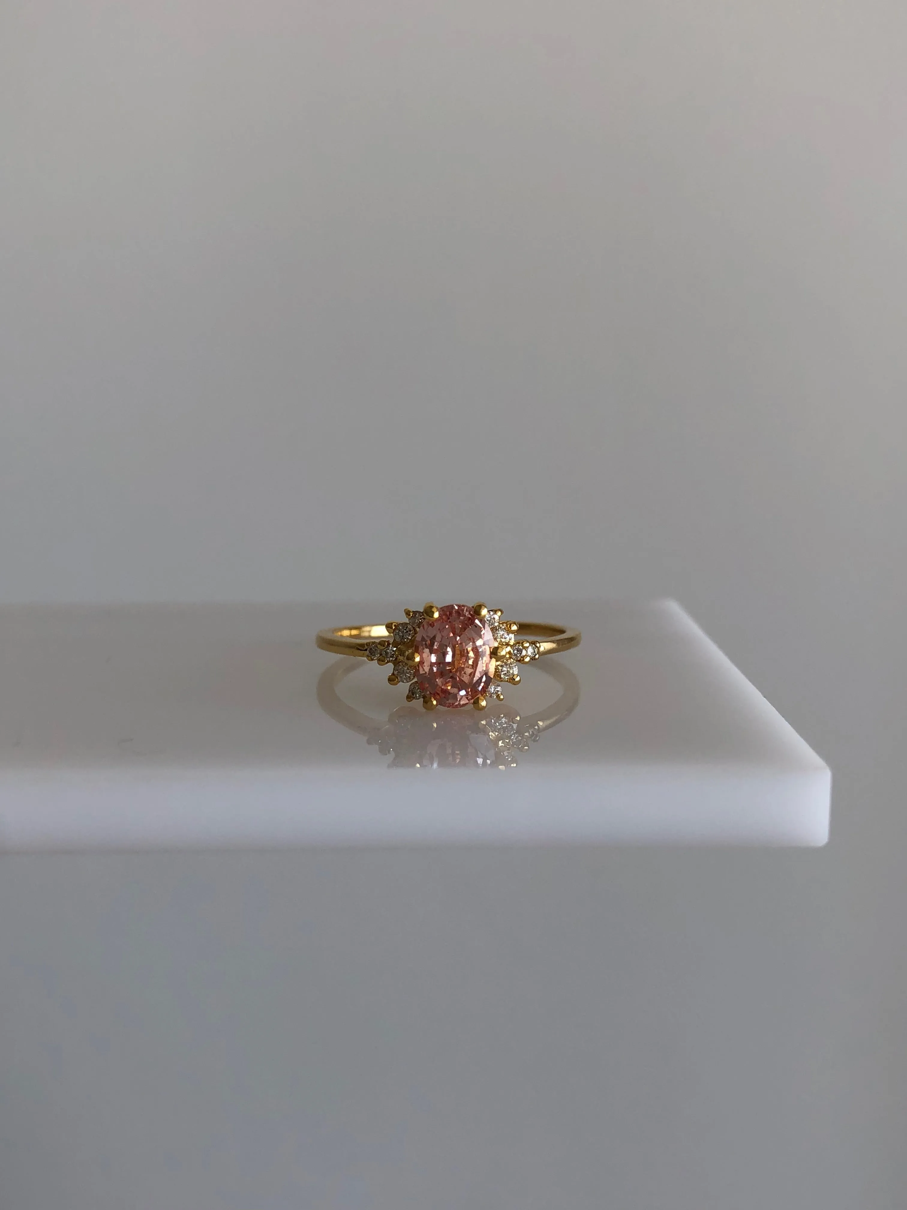 Ring with Oval Padparadscha Sapphire (certified, 1.12 ct) and Cluster of Diamonds, Solid 14k Gold | ONE-OF-A-KIND