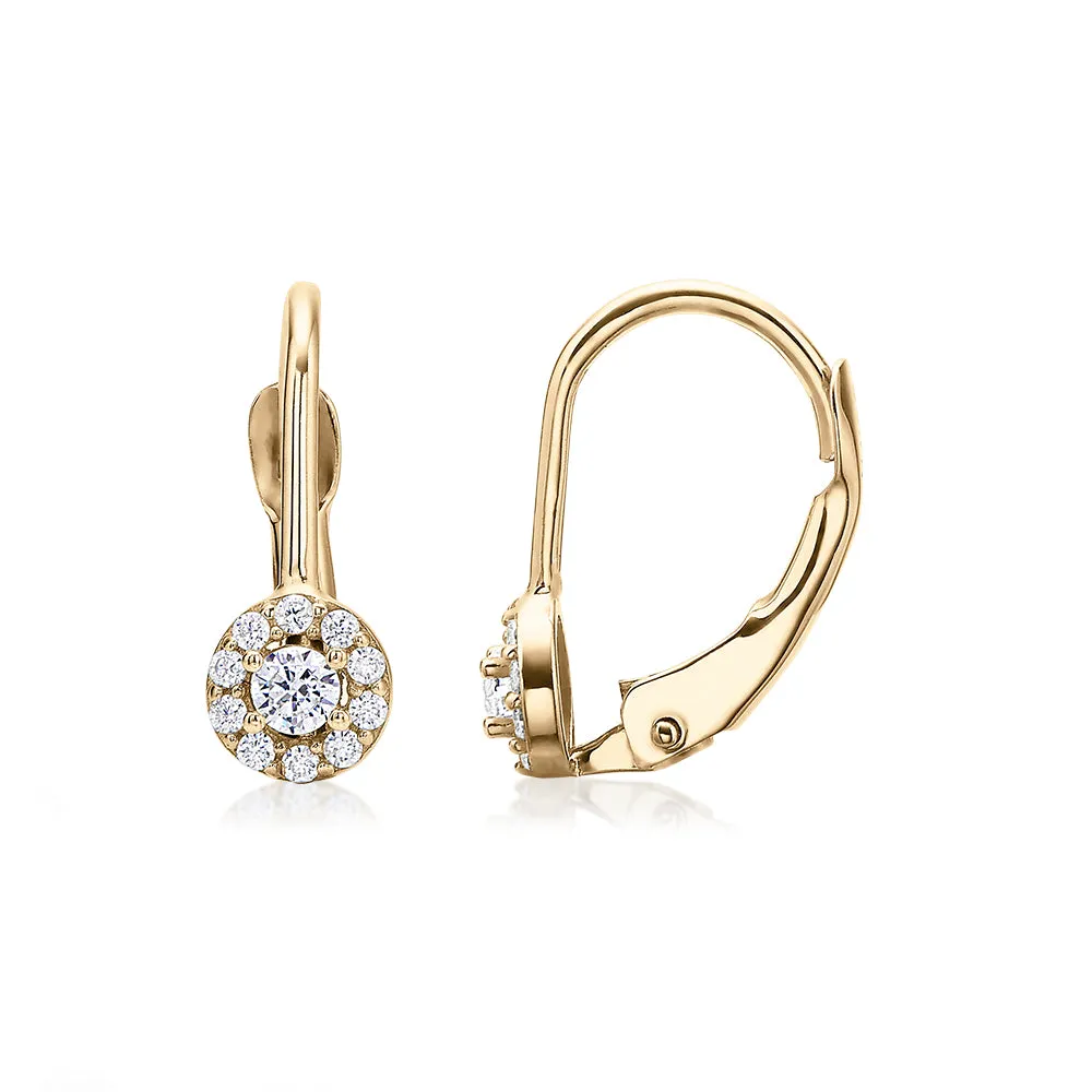 Round Brilliant drop earrings with diamond simulants in 10 carat yellow gold