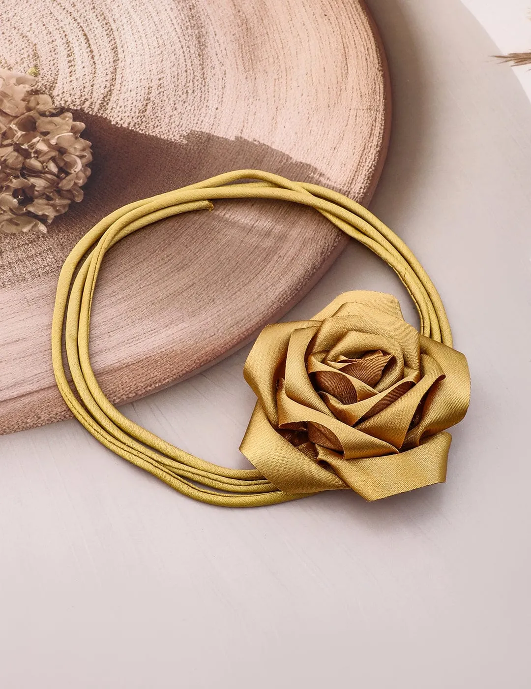 Rubans Luxe Golden Satin Rose Choker Necklace - Bold, Glamorous Statement Piece