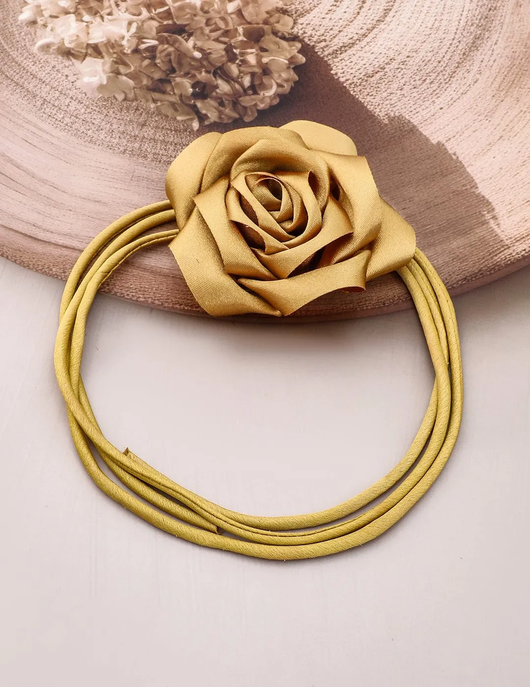 Rubans Luxe Golden Satin Rose Choker Necklace - Bold, Glamorous Statement Piece