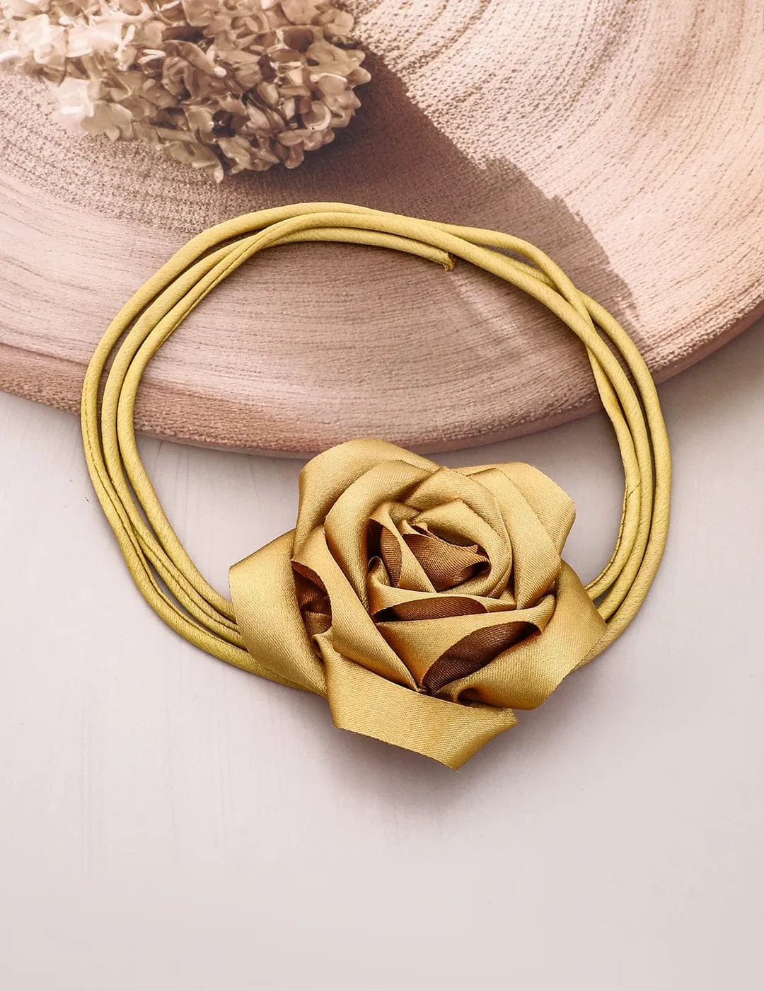 Rubans Luxe Golden Satin Rose Choker Necklace - Bold, Glamorous Statement Piece