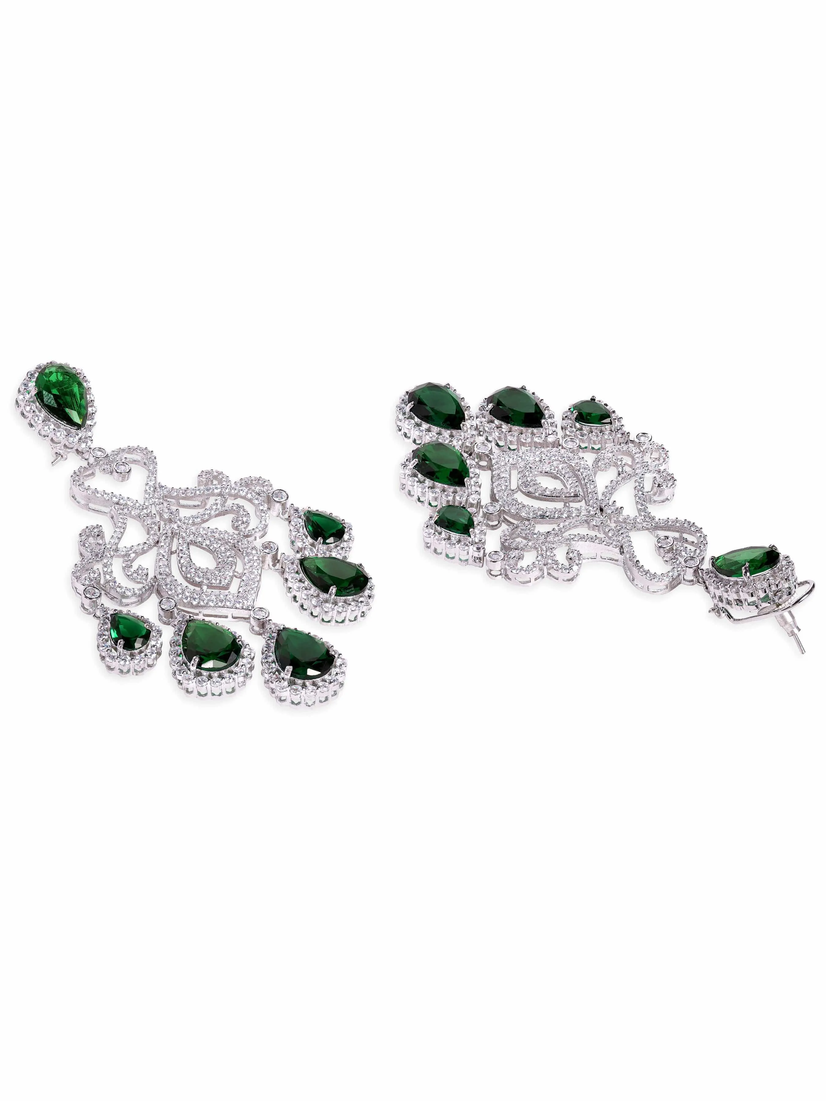 Rubans Premium Rhodium plated AAA Cubic Zirconia Emerald Green studded Statement chandelier Earring