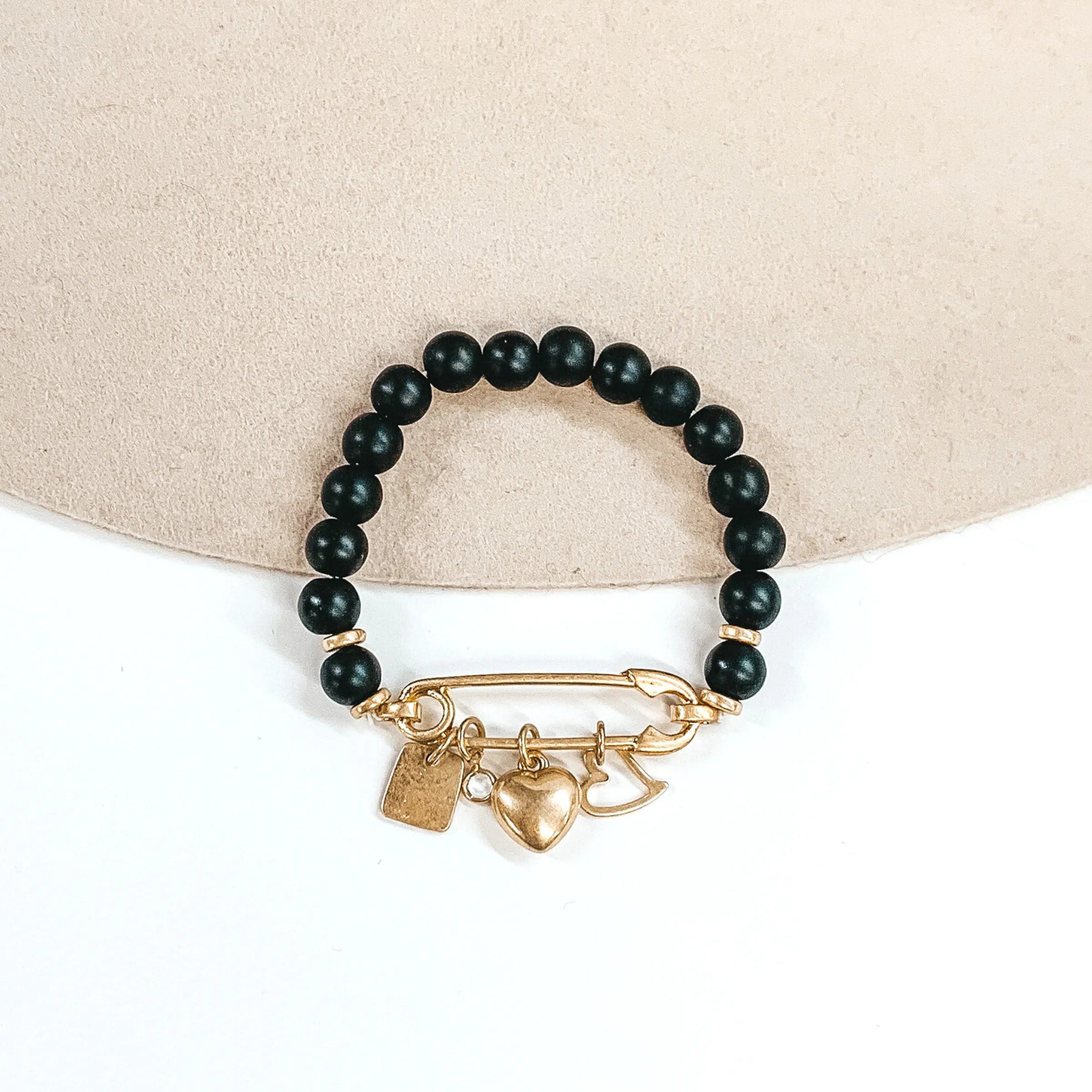 Safety Pin Beaded Bracelet with Gold Charms in Black