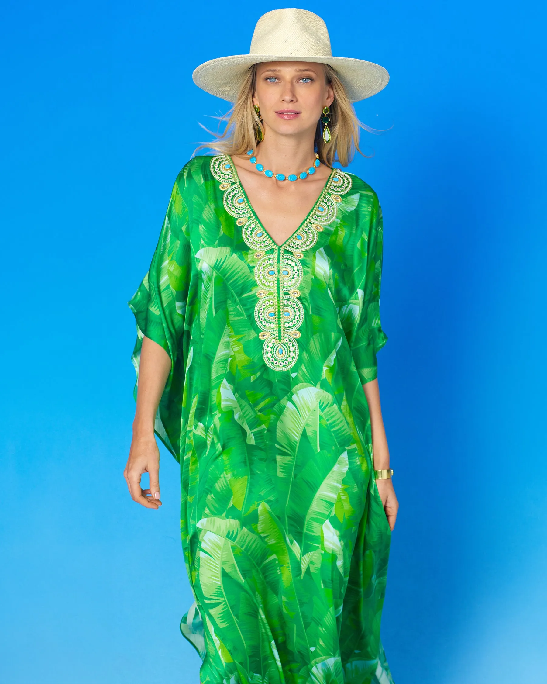 Schuyler Silk Kaftan in Palms and Gold Embellishment