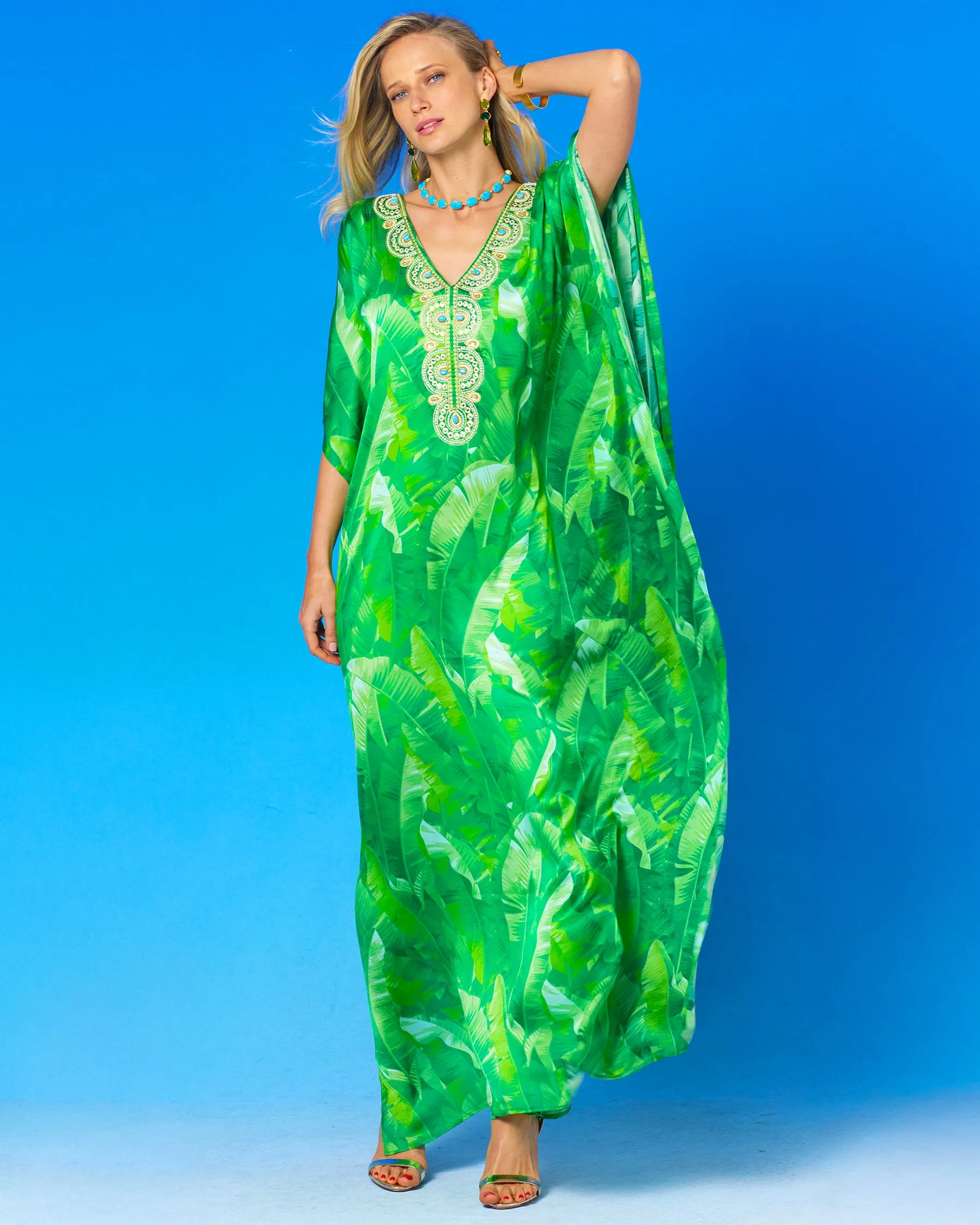 Schuyler Silk Kaftan in Palms and Gold Embellishment