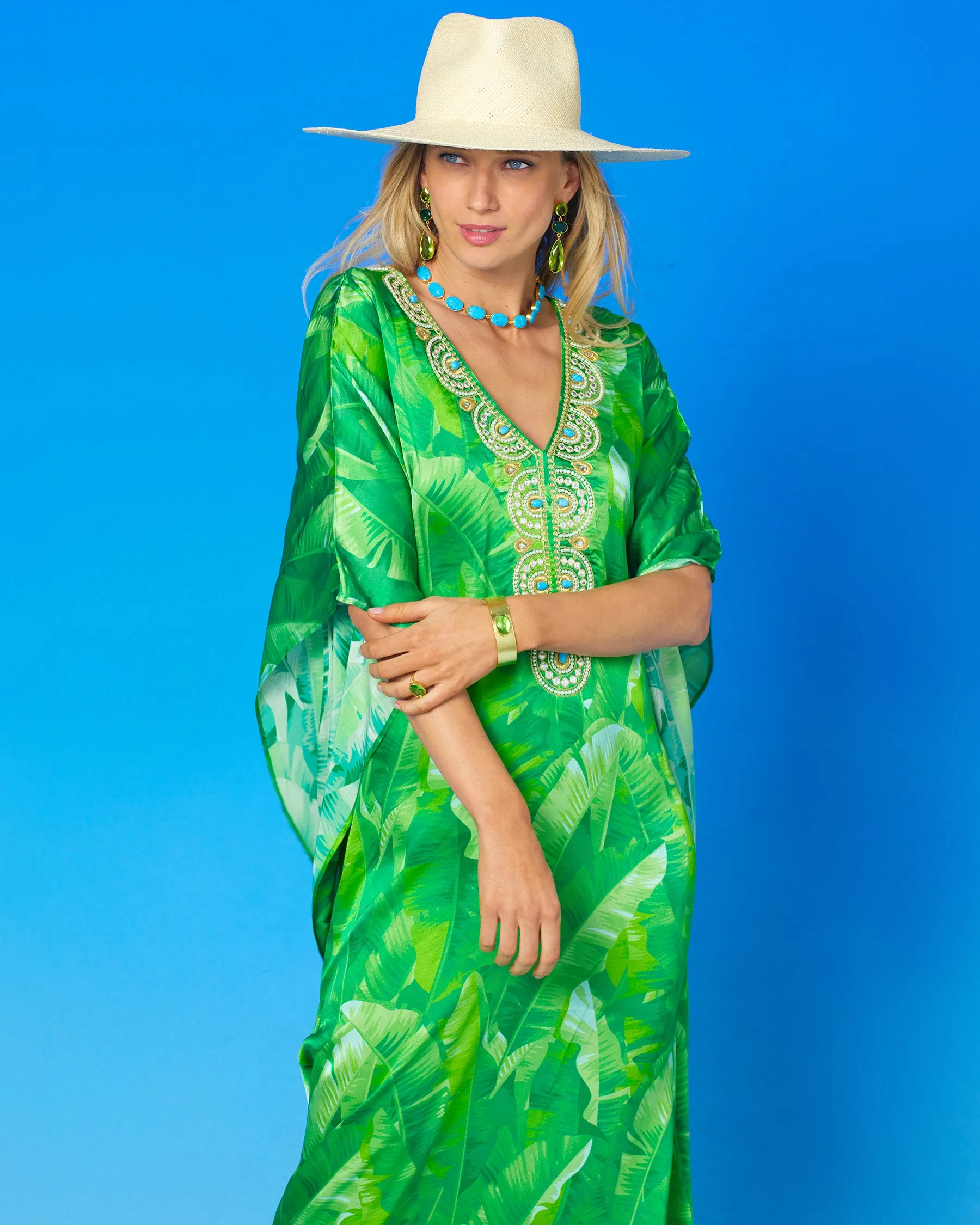 Schuyler Silk Kaftan in Palms and Gold Embellishment