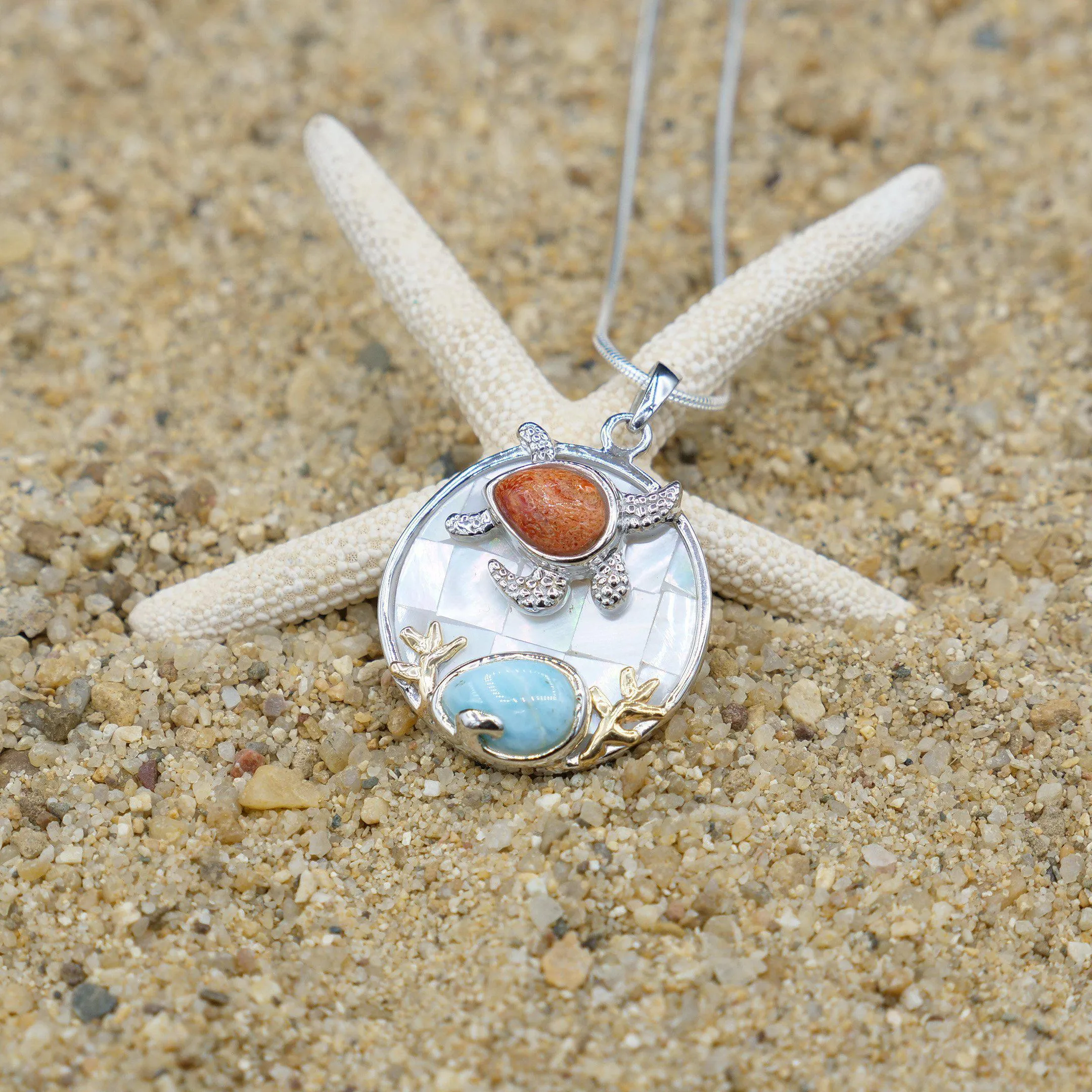 Sea Turtle Necklace with Larimar, Coral and Mother of Pearl