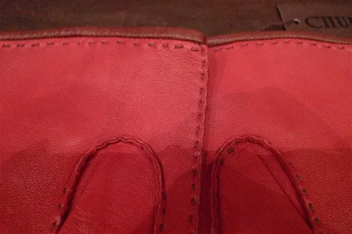 Shaneen Huxham Leather Driving Gloves in Red with Brown Trim