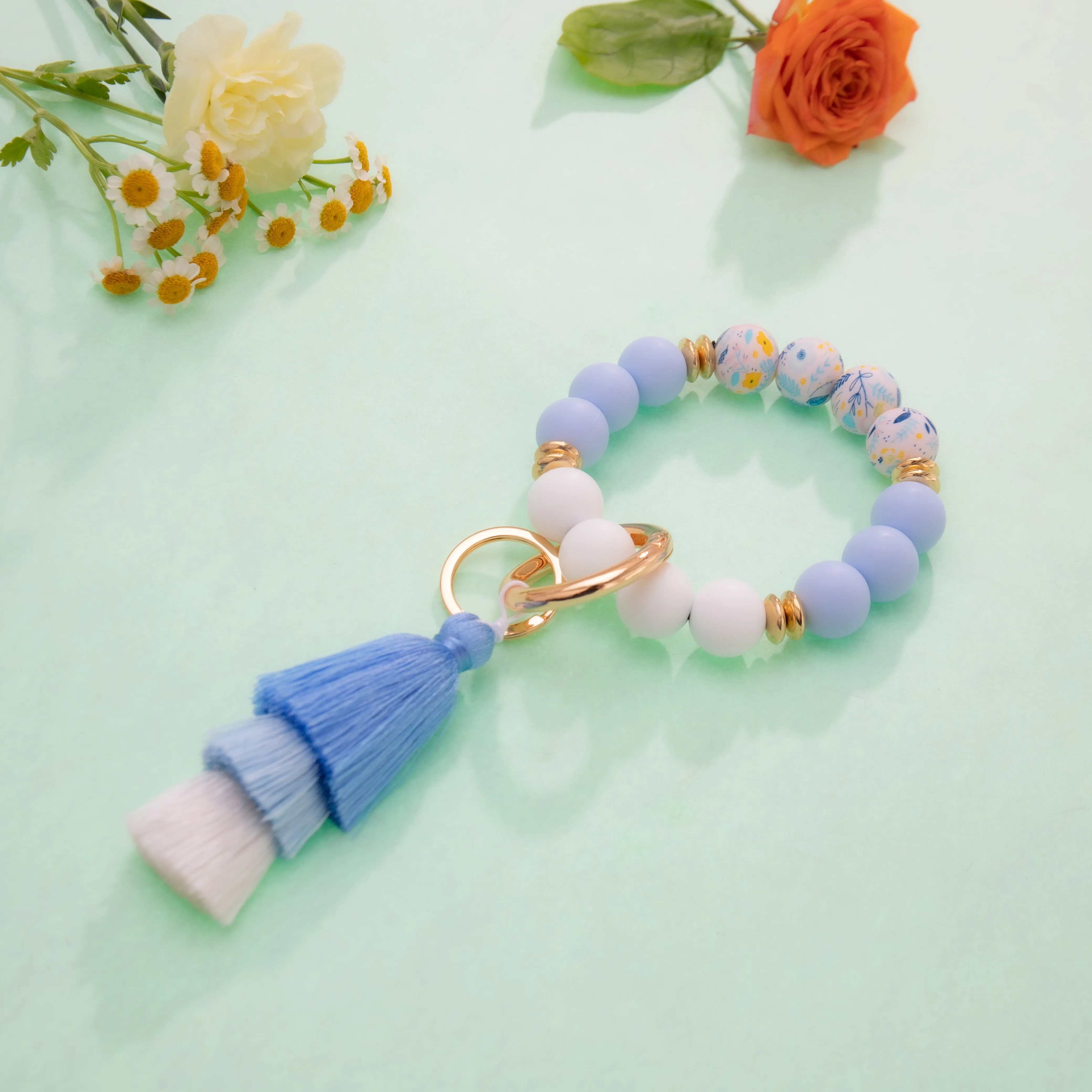 Silicone Flower Bracelet Beaded Bangle Wristlet Tassel Keychain