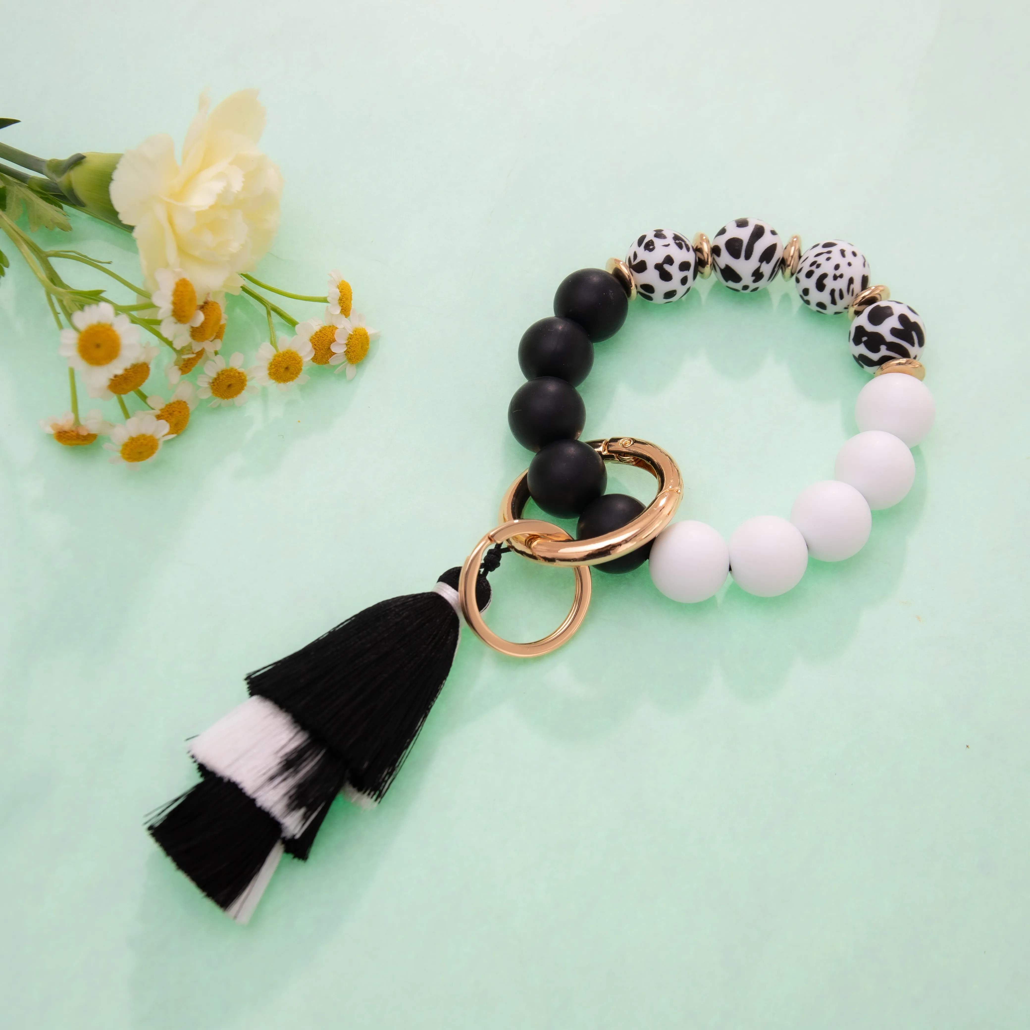 Silicone Flower Bracelet Beaded Bangle Wristlet Tassel Keychain