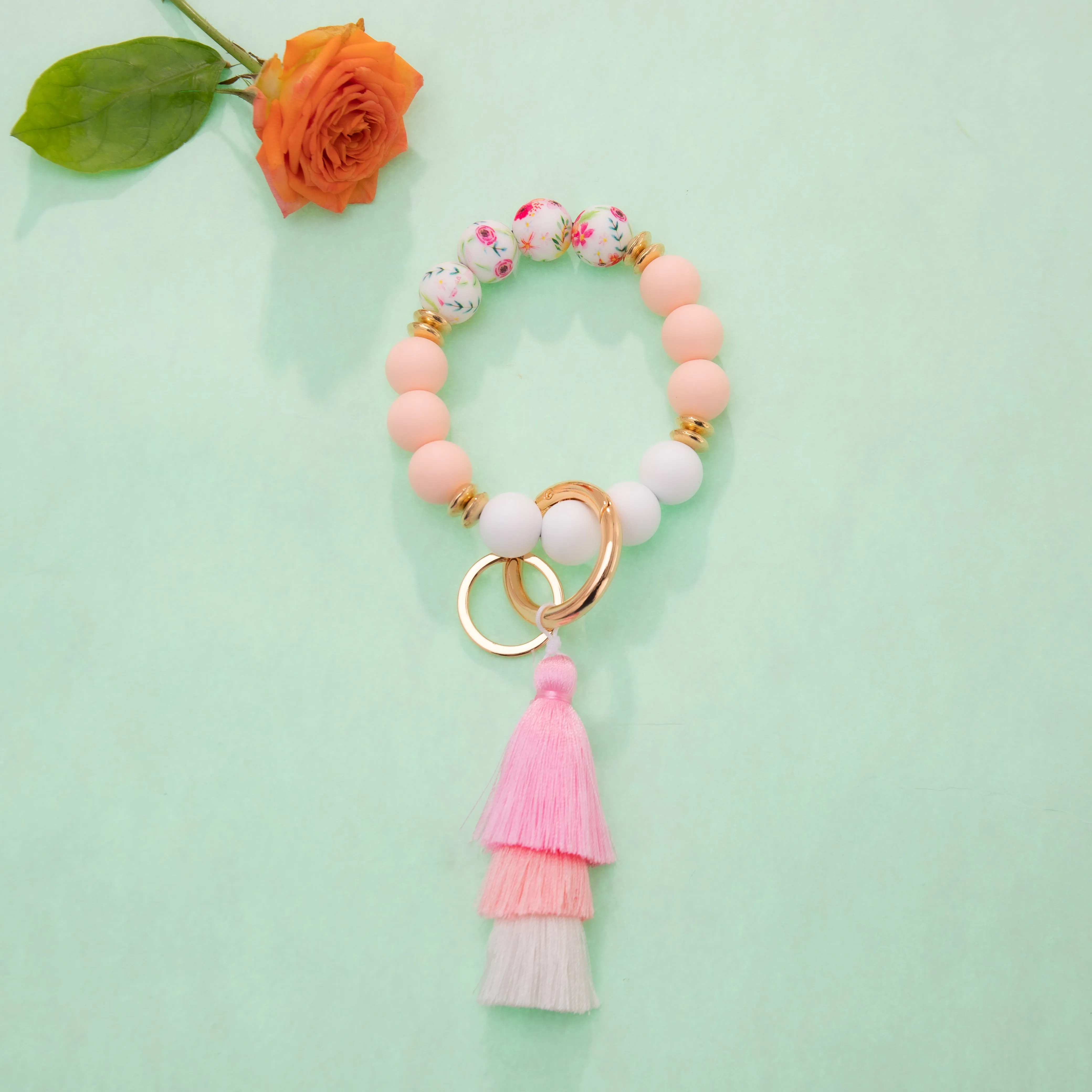 Silicone Flower Bracelet Beaded Bangle Wristlet Tassel Keychain