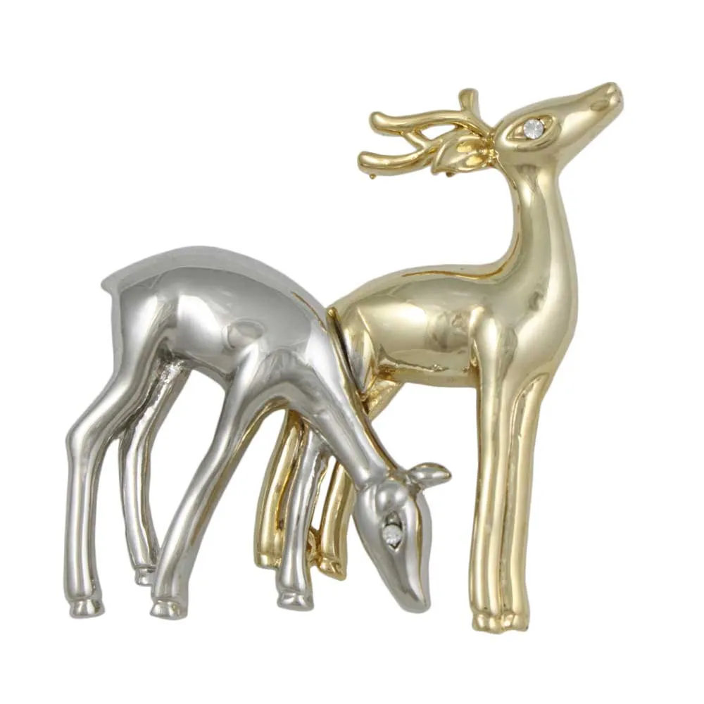 Silver and Gold Pair of Grazing Deer Brooch Pin - XP416