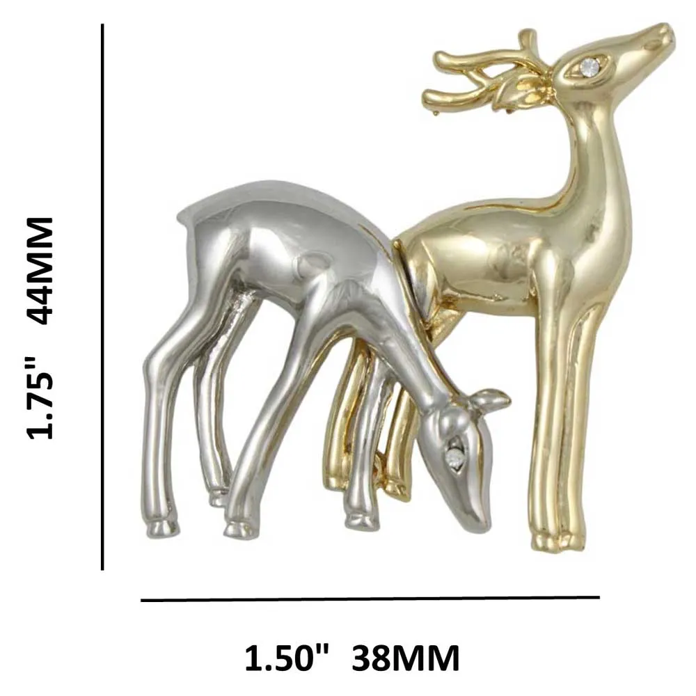 Silver and Gold Pair of Grazing Deer Brooch Pin - XP416