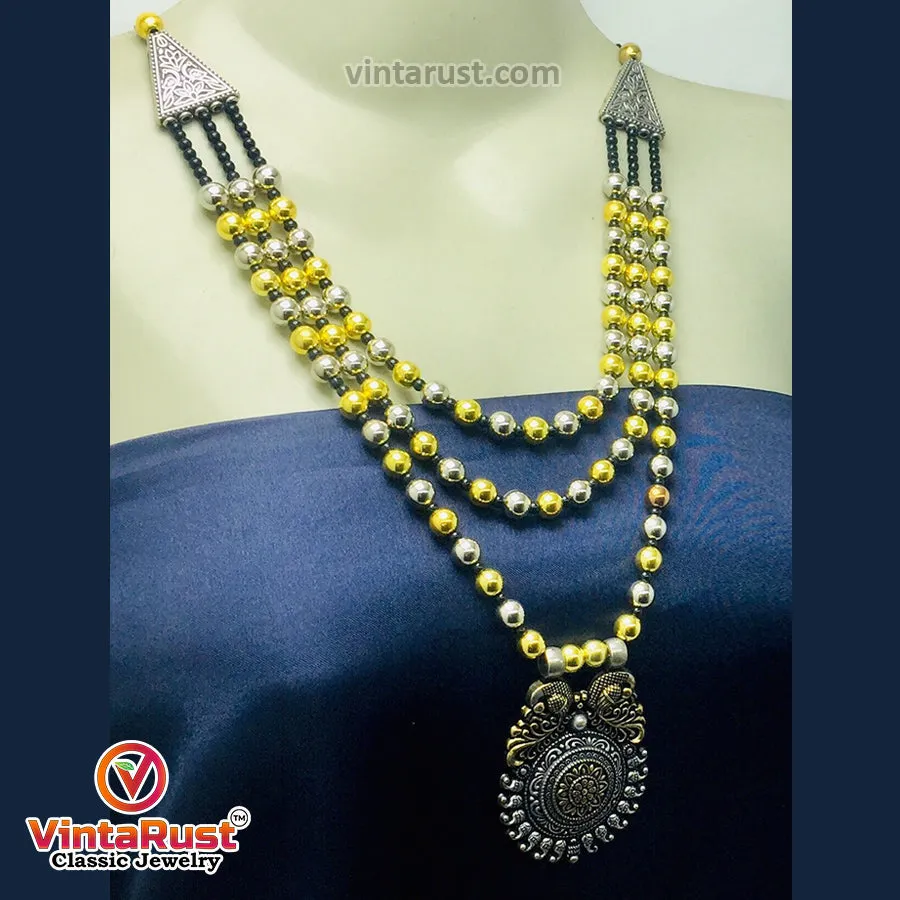 Silver And Golden Beaded Chain Necklace