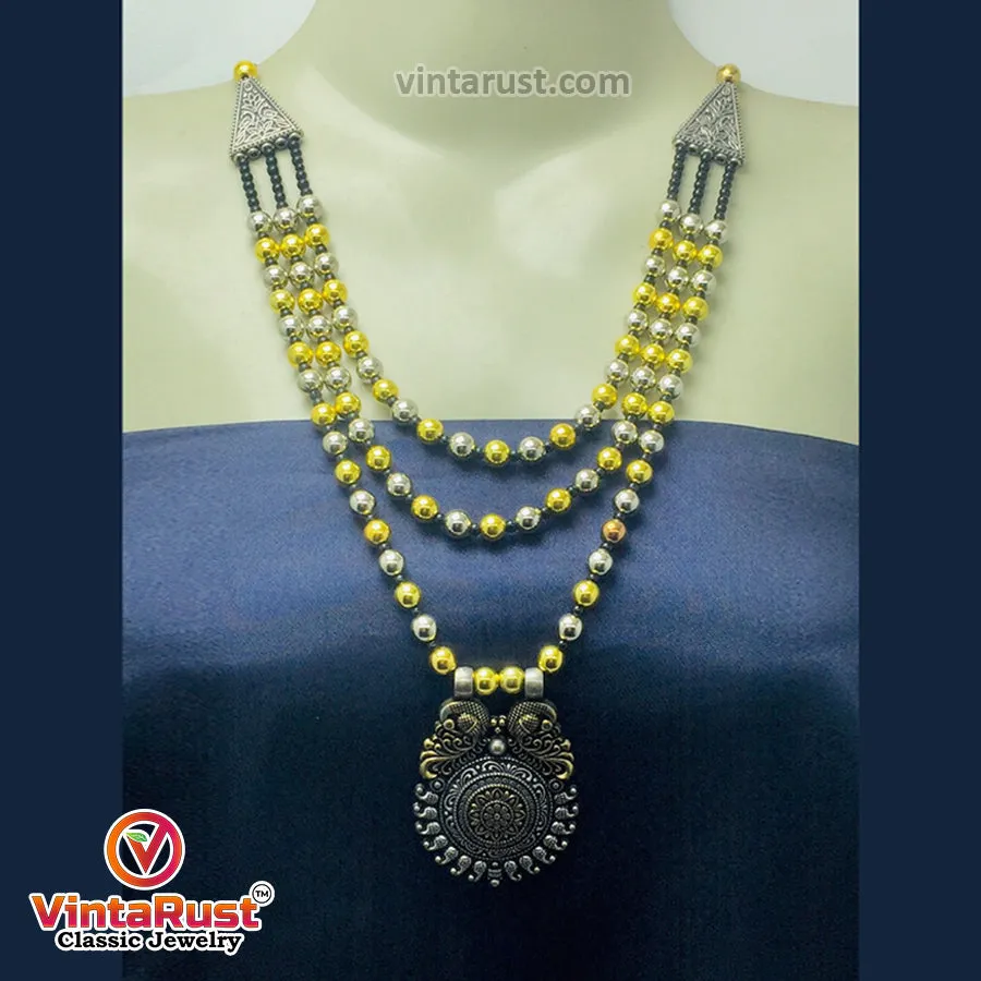 Silver And Golden Beaded Chain Necklace